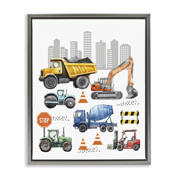 Stupell Industries Keep Moving Construction Vehicles Gray Framed Floater Canvas Wall Art, design by Christine Simpson Art