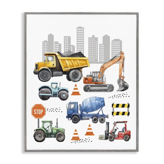 Stupell Industries Keep Moving Construction Vehicles Gray Framed Giclee Art, design by Christine Simpson Art