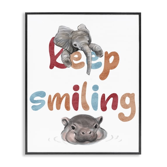 Stupell Industries Contemporary Keep Smiling Motivational Children's Phrase Baby Elephant Hippo Black Framed Giclee Art, 11 x 14, by Ziwei Li