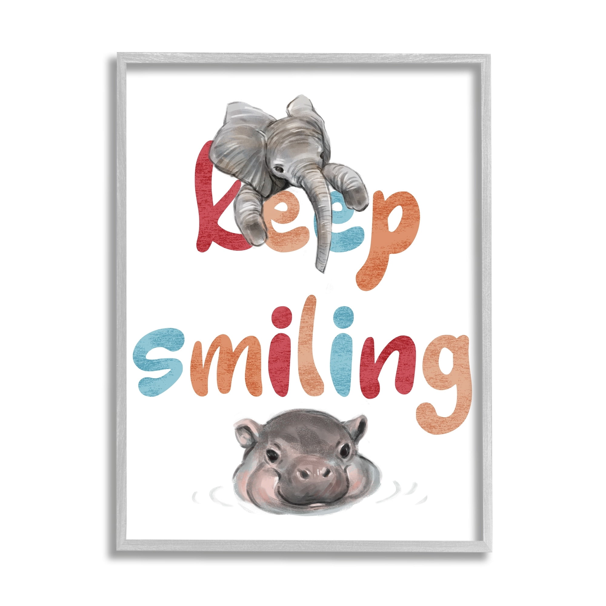 Stupell Industries Keep Smiling Motivational Children's Phrase Baby Elephant Hippo, 16 x 20, Design by Ziwei Li