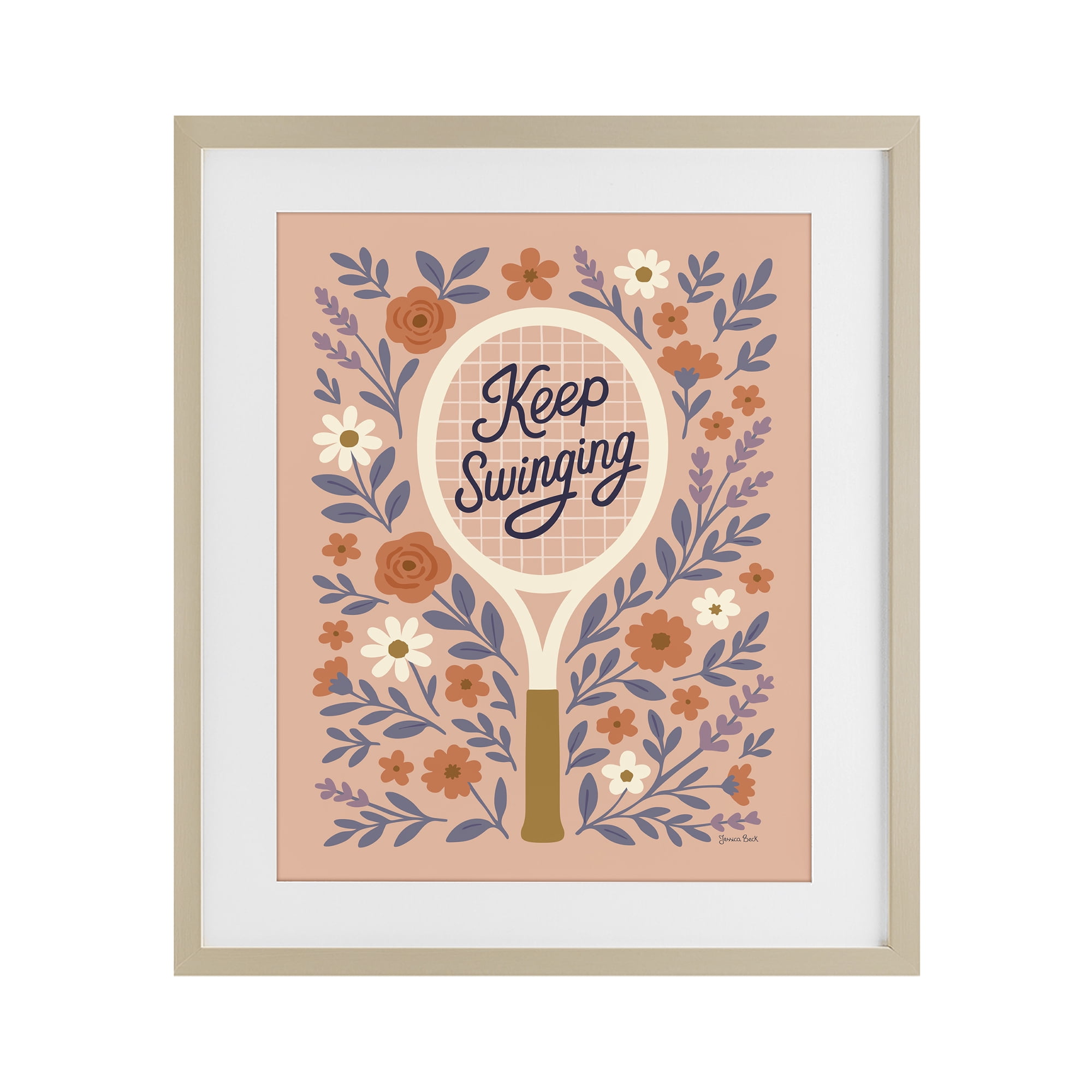 Stupell Industries Keep Swinging Floral Tennis Birch Framed Print Under Glass, design by Jessica Beck