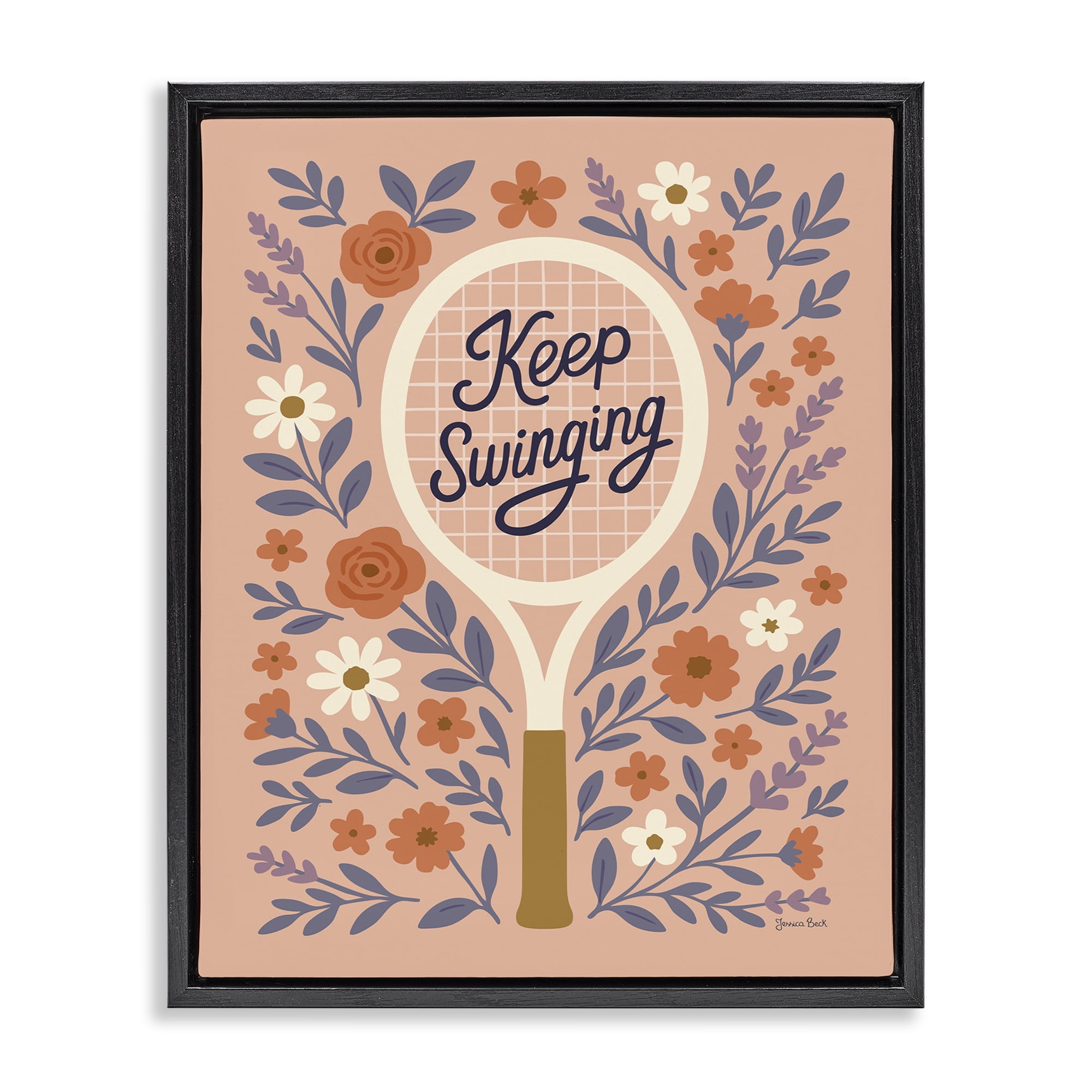 Stupell Industries Keep Swinging Floral Tennis Black Framed Floater Canvas Wall Art, design by Jessica Beck