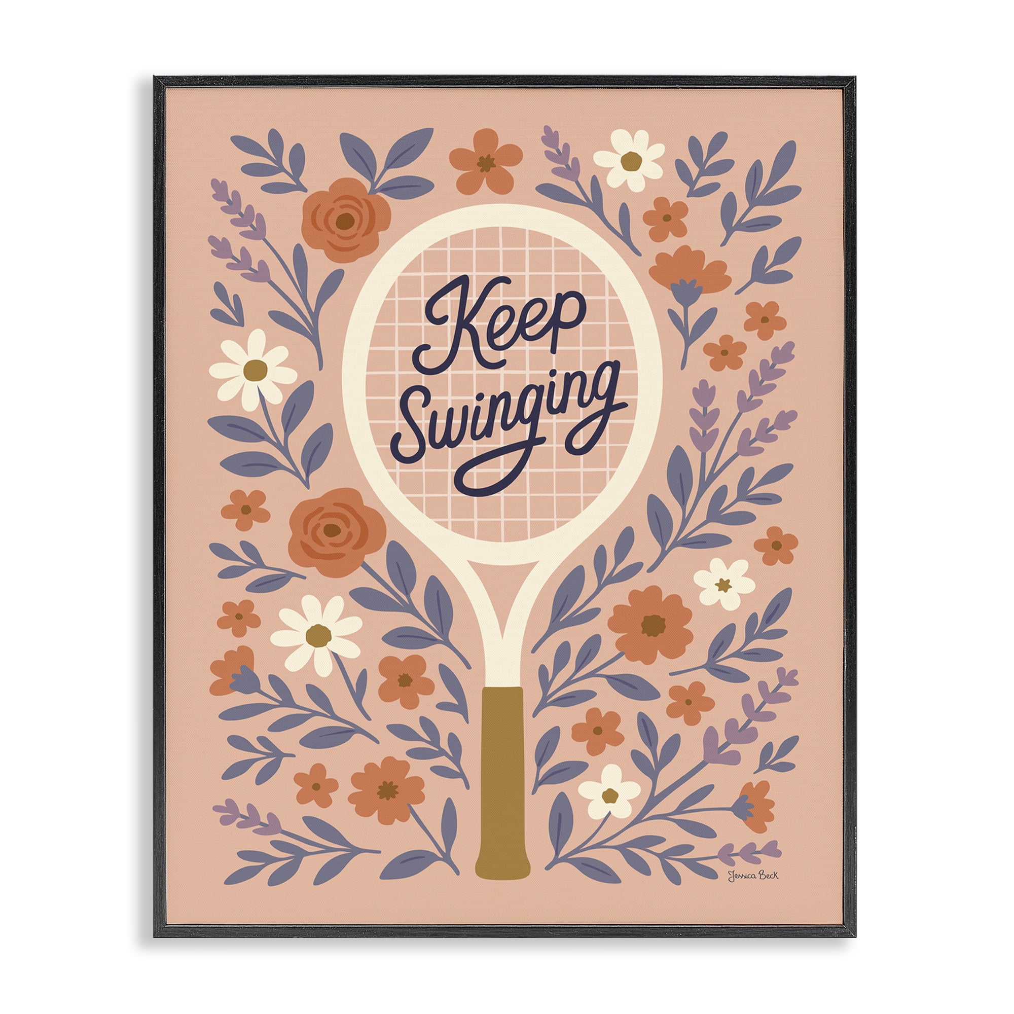Stupell Industries Keep Swinging Floral Tennis Black Framed Giclee Art, design by Jessica Beck