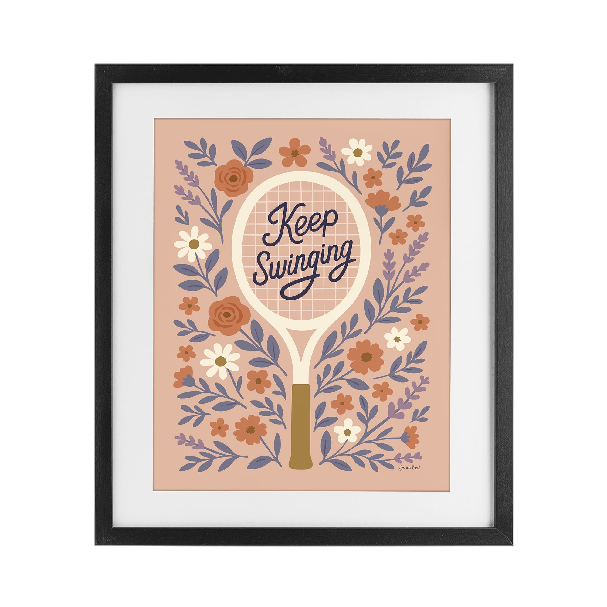 Stupell Industries Keep Swinging Floral Tennis Black Framed Print Under Glass, design by Jessica Beck