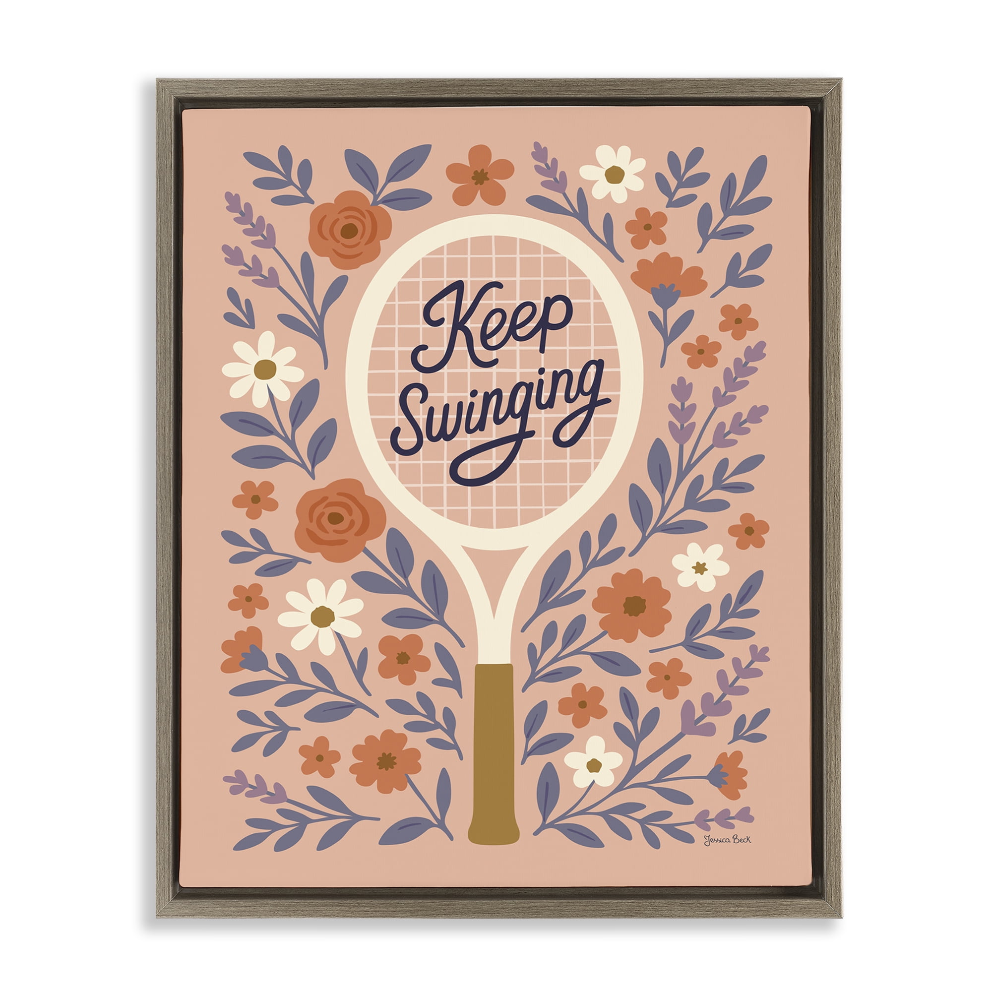Stupell Industries Keep Swinging Floral Tennis Brown Framed Floater Canvas Wall Art, design by Jessica Beck