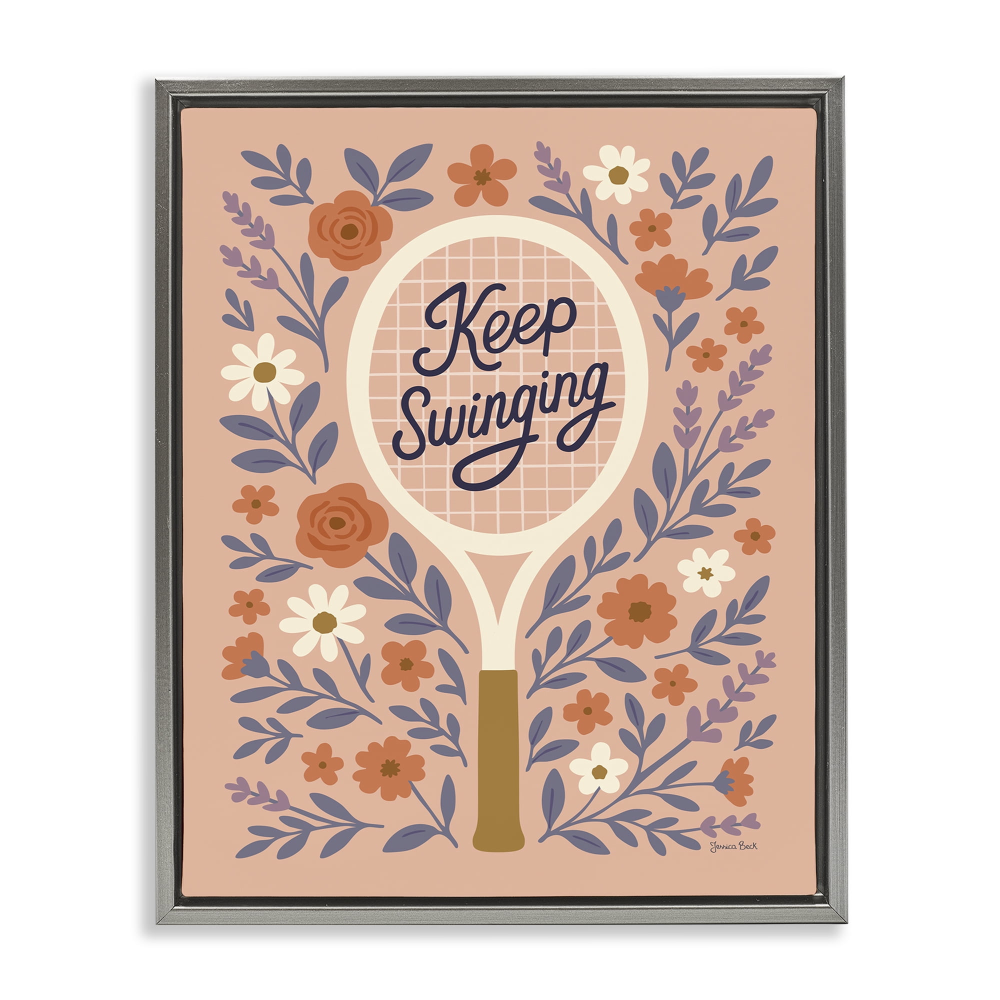 Stupell Industries Keep Swinging Floral Tennis Gray Framed Floater Canvas Wall Art, design by Jessica Beck