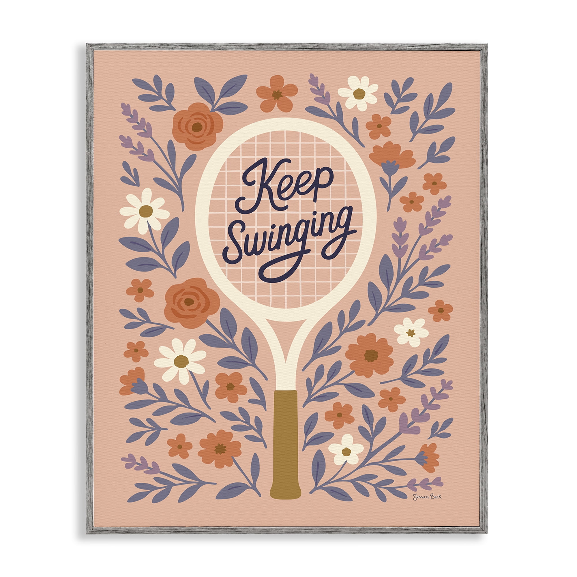 Stupell Industries Keep Swinging Floral Tennis Gray Framed Giclee Art, design by Jessica Beck
