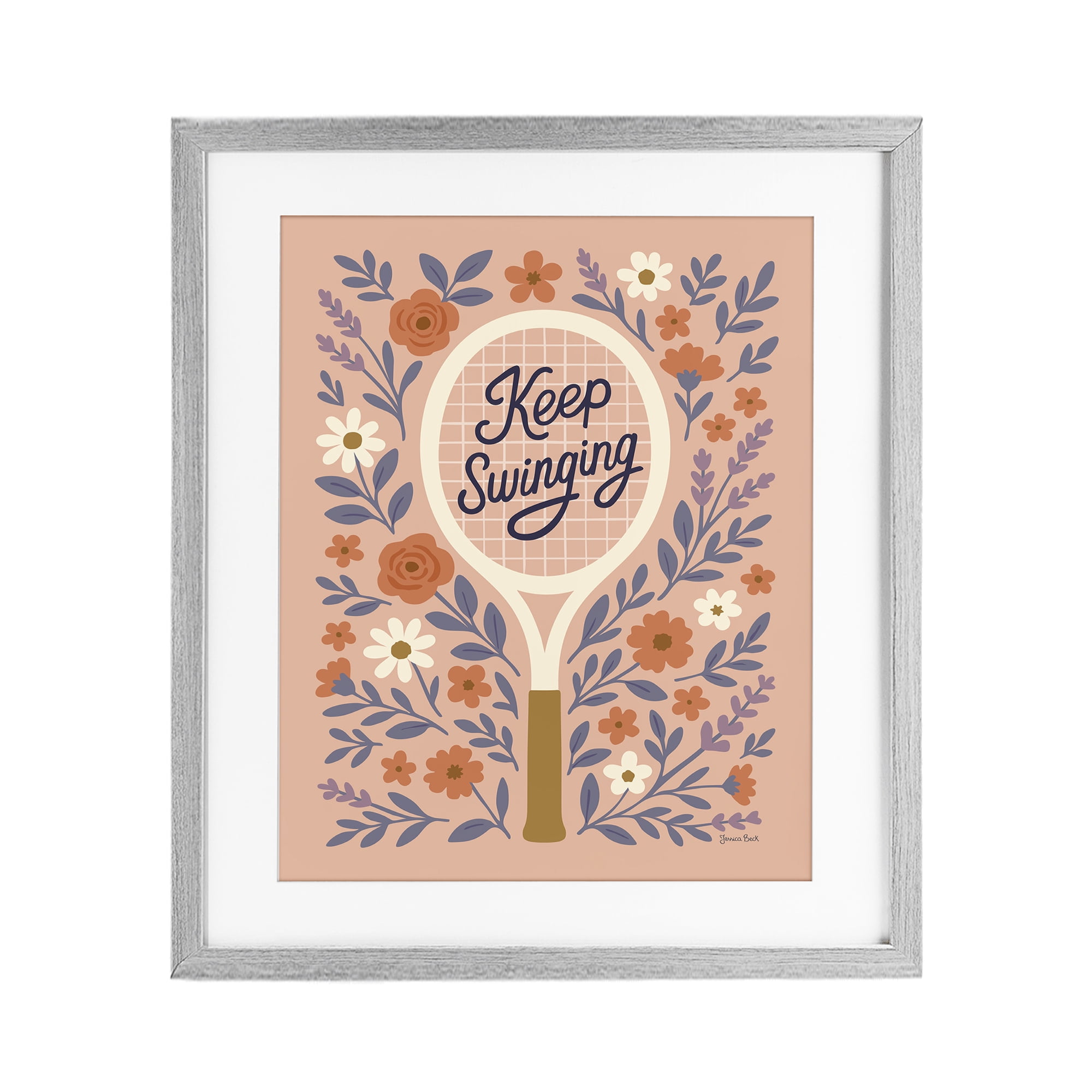 Stupell Industries Keep Swinging Floral Tennis Gray Framed Print Under Glass, design by Jessica Beck