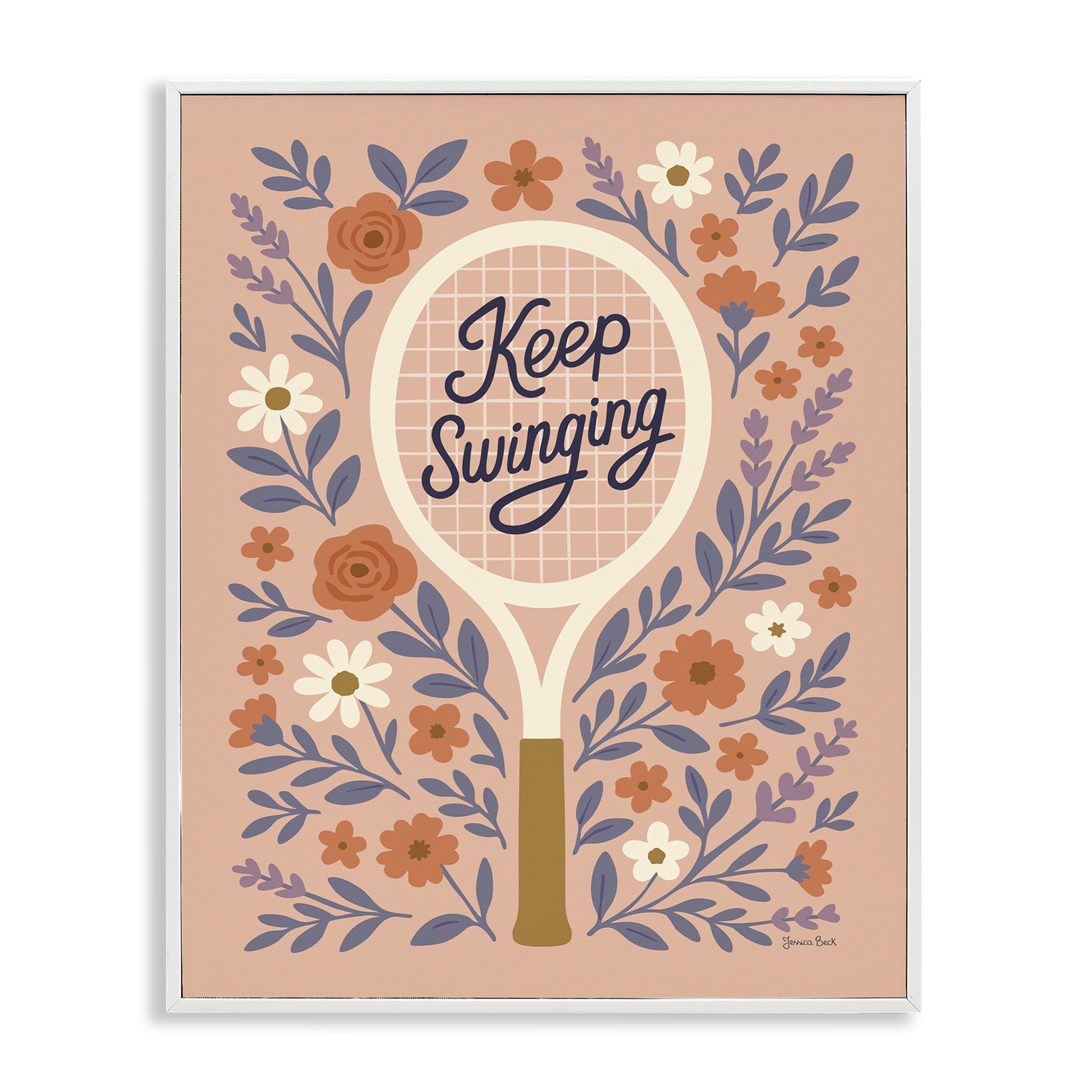 Stupell Industries Keep Swinging Floral Tennis White Framed Giclee Art, design by Jessica Beck