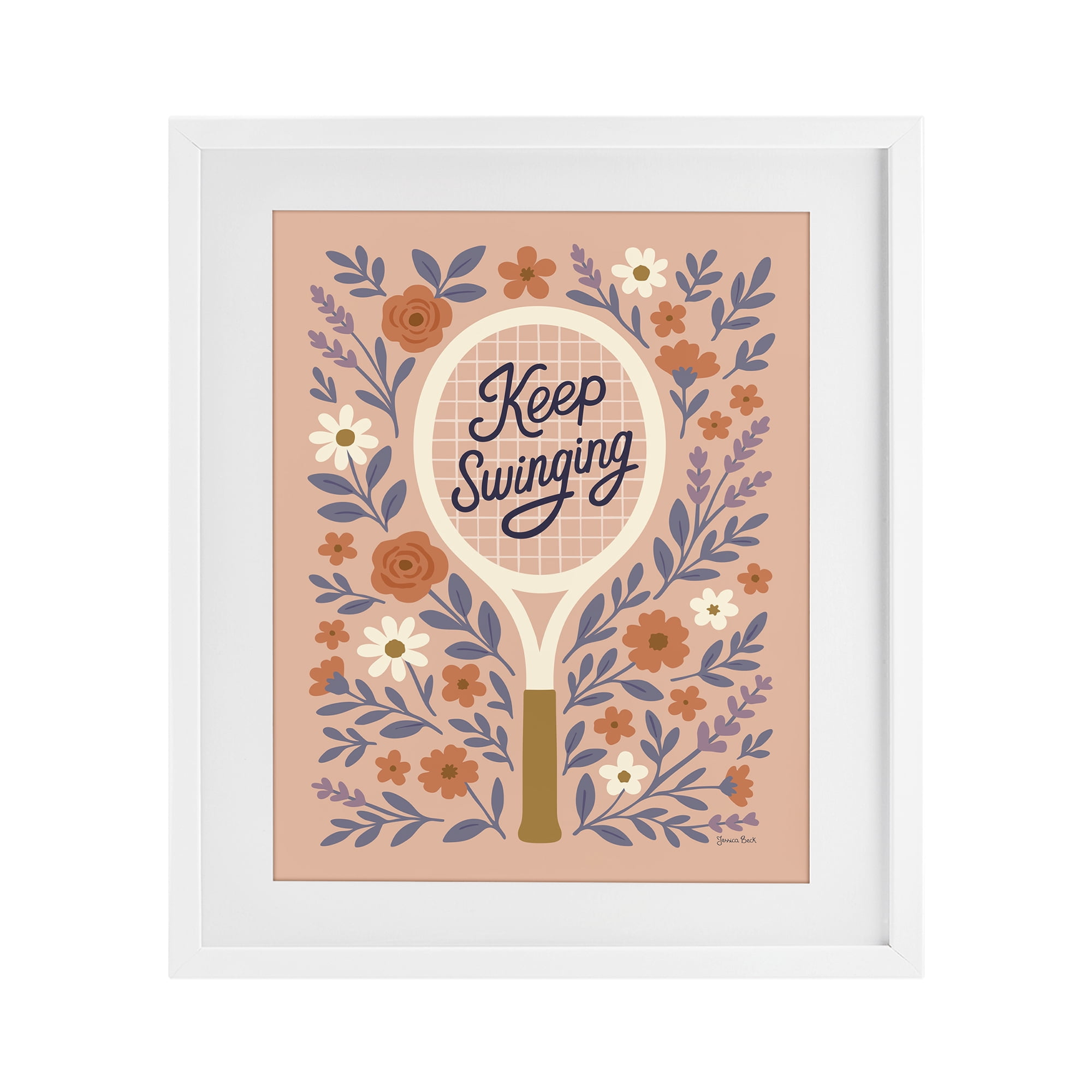 Stupell Industries Keep Swinging Floral Tennis White Framed Print Under Glass, design by Jessica Beck