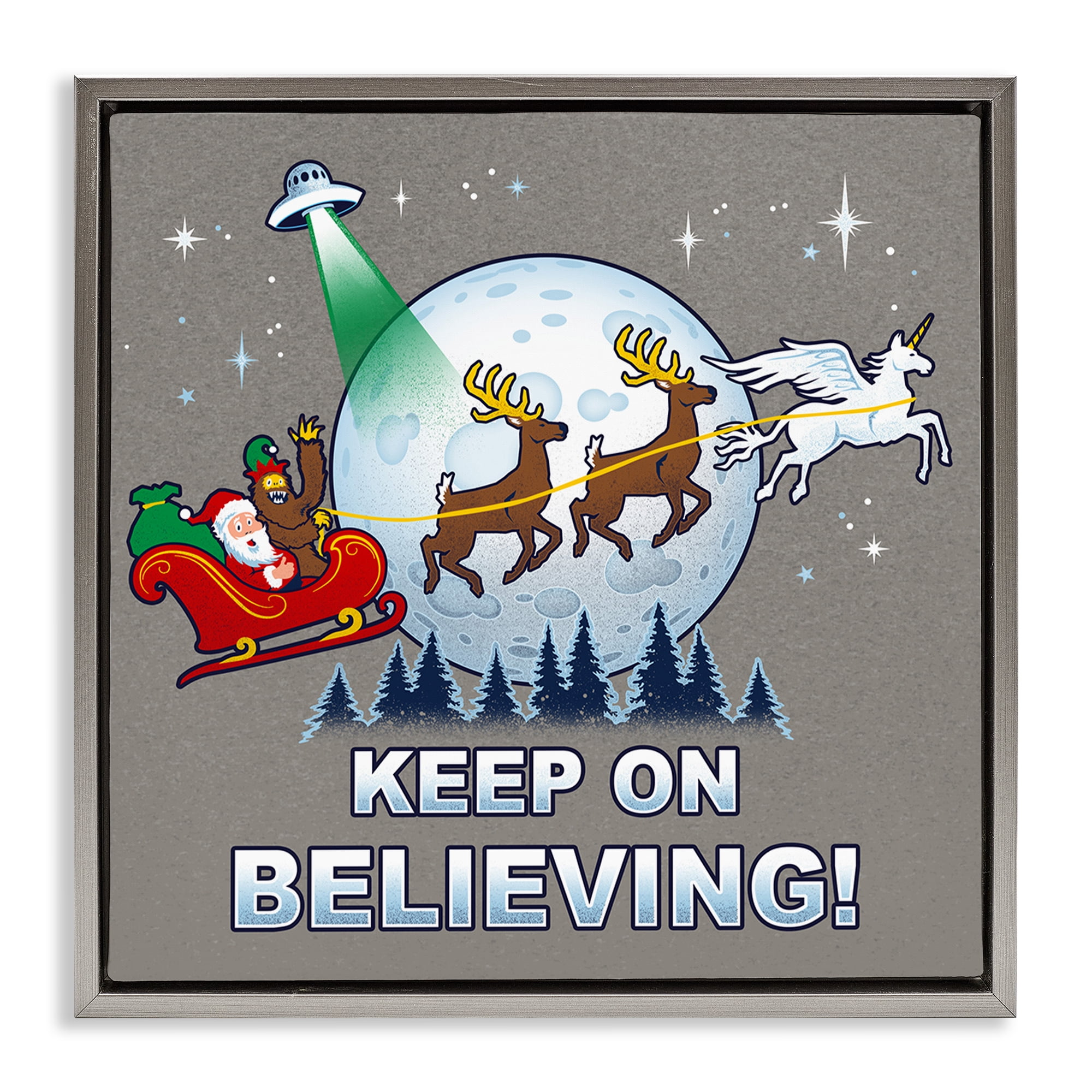 Stupell Industries Keep on Believing Holiday Holiday Painting Gray Floater Framed Canvas Art Prints Wall Art, 18 x 18