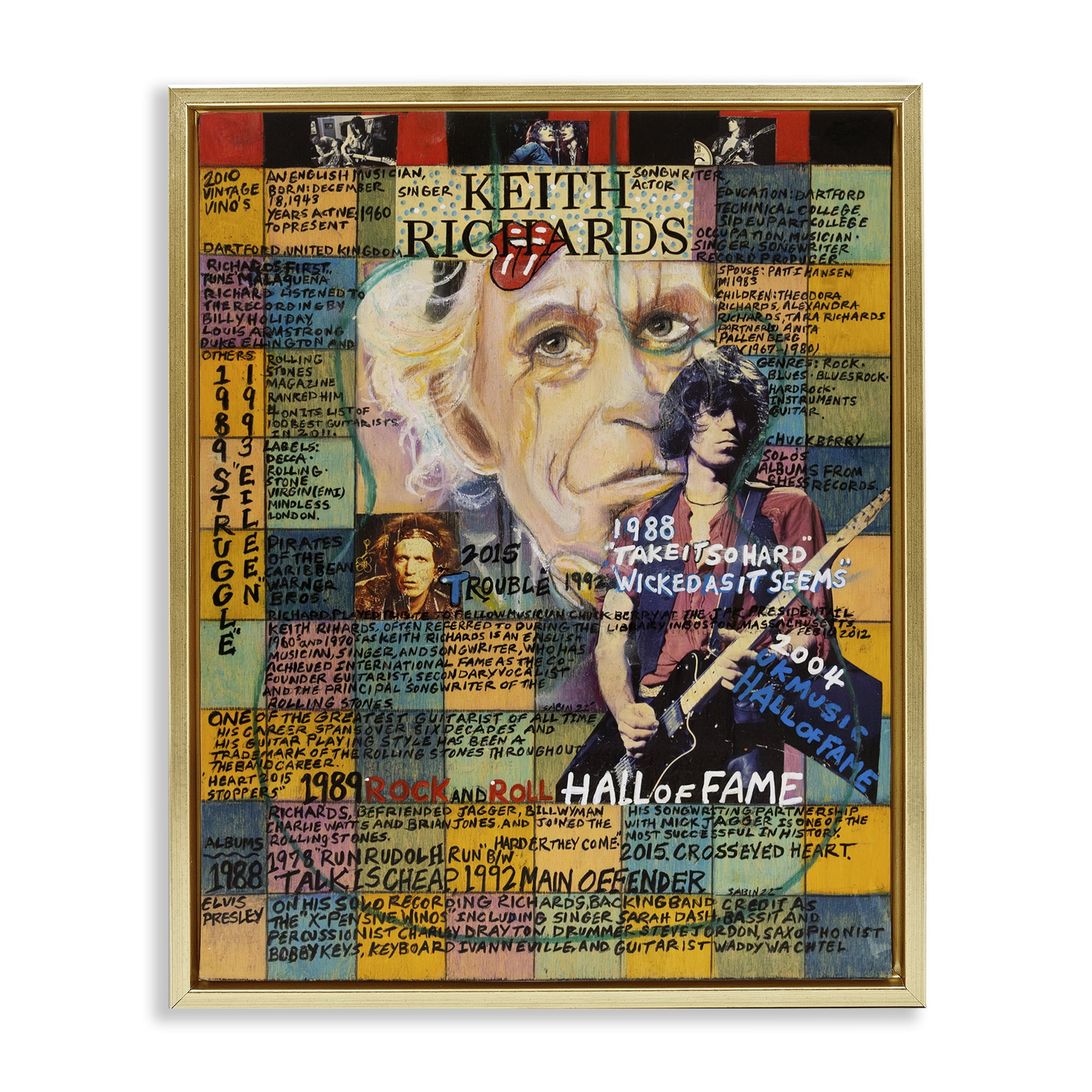 Stupell Industries Keith Richards Collage People Drawing Gold Floater Framed Canvas Art Print Wall Art, 17 x 21