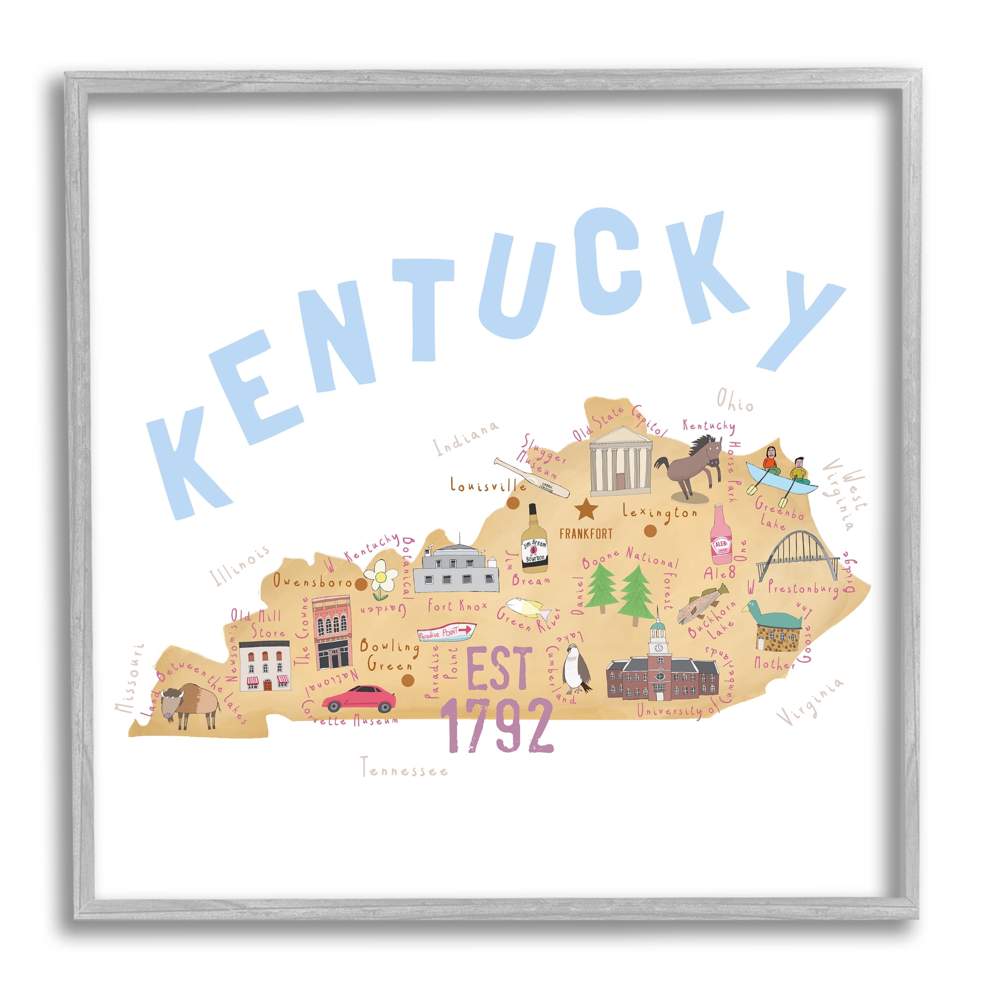 Stupell Industries Kentucky Map Tourist Spots Travel & Places Painting Gray Framed Art Print Wall Art