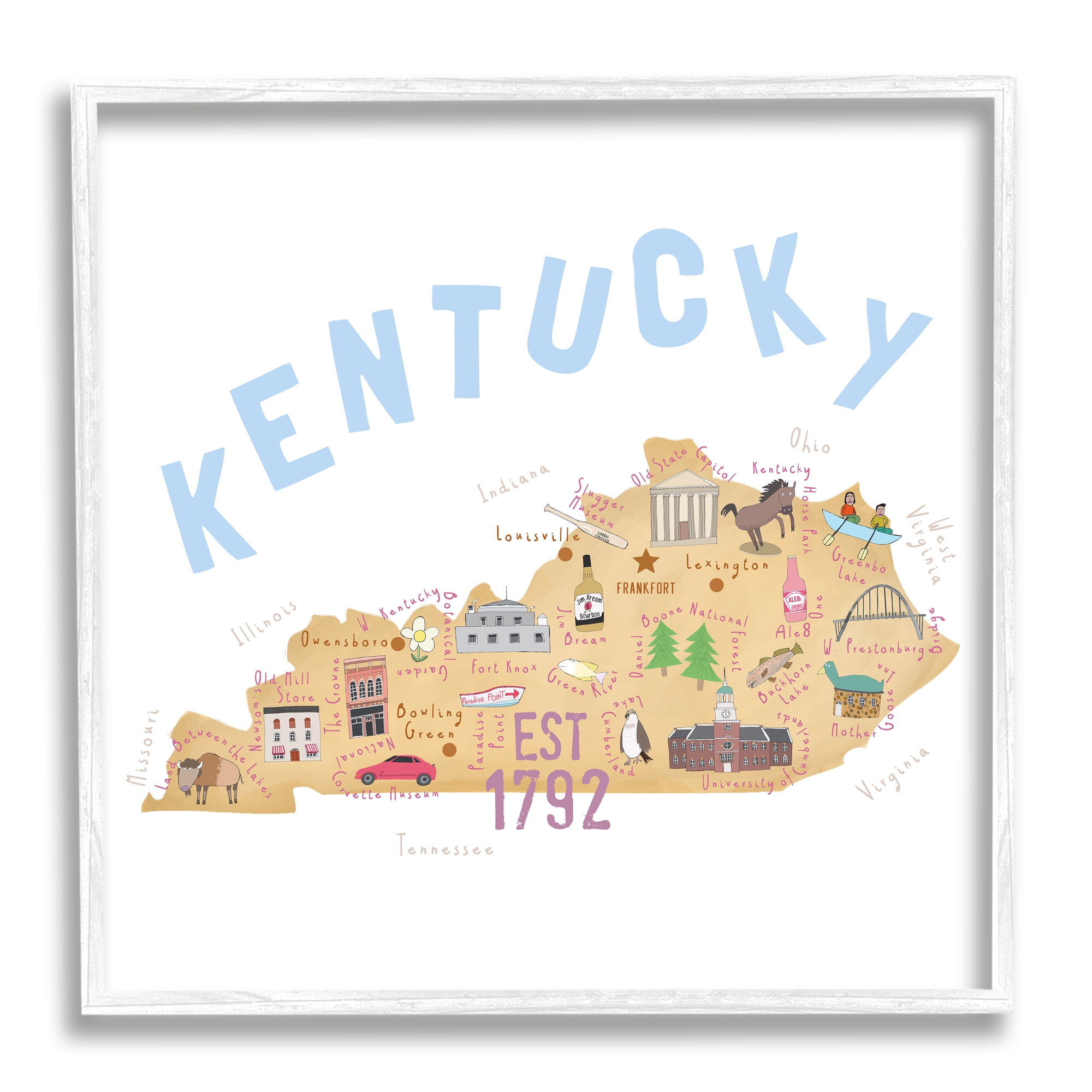 Stupell Industries Kentucky Map Tourist Spots Travel & Places Painting White Framed Art Print Wall Art