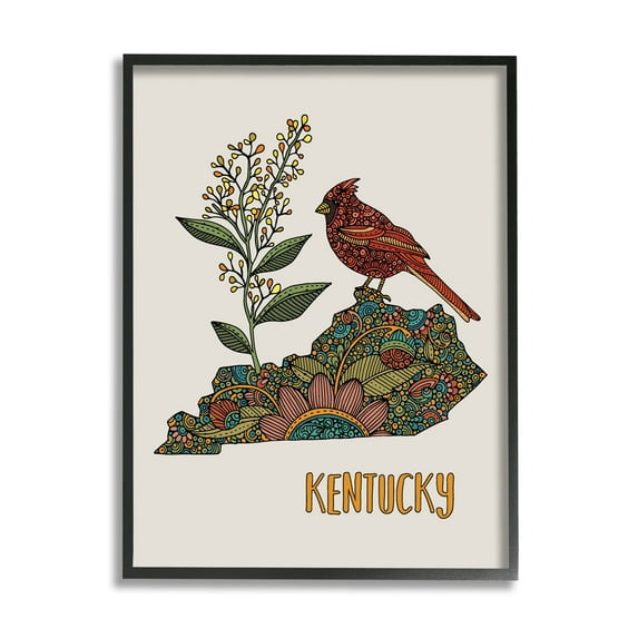 Stupell Industries Kentucky State Cardinal Blooming Goldenrod Flower Pattern Graphic Art Black Framed Art Print Wall Art, Design by Valentina Harper