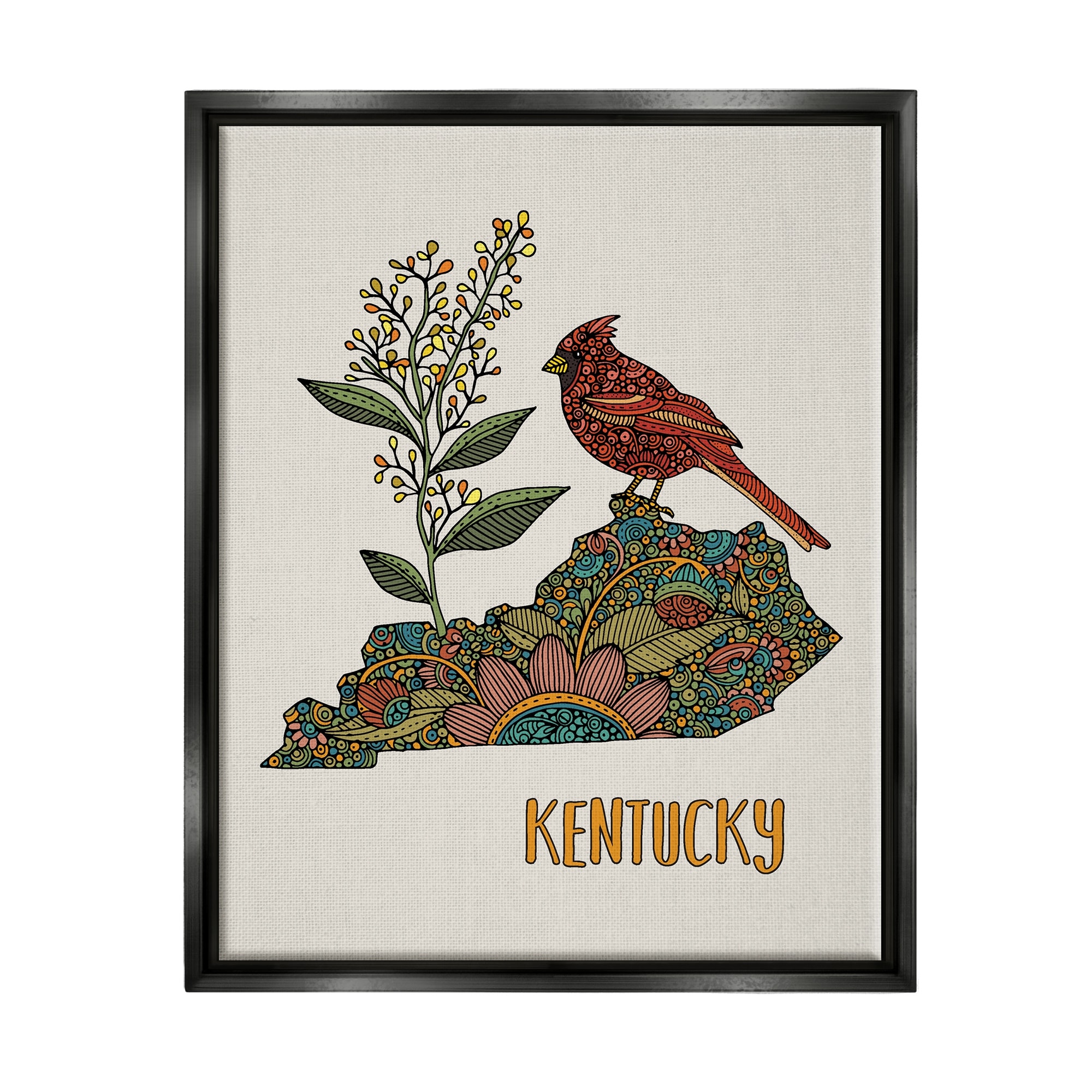 Stupell Industries Kentucky State Cardinal Blooming Goldenrod Flower Pattern Graphic Art Jet Black Floating Framed Canvas Print Wall Art, Design by Valentina Harper