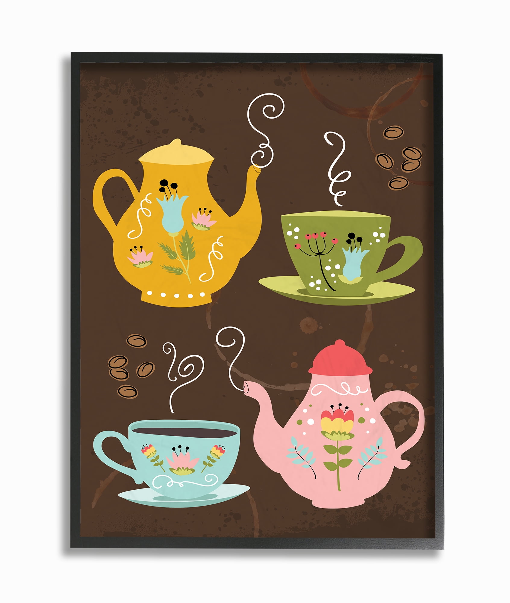 Stupell Industries Kettles And Coffee Cups Chalkboard Look Novelty Painting Black Framed Art Print Wall Art, 16 x 20