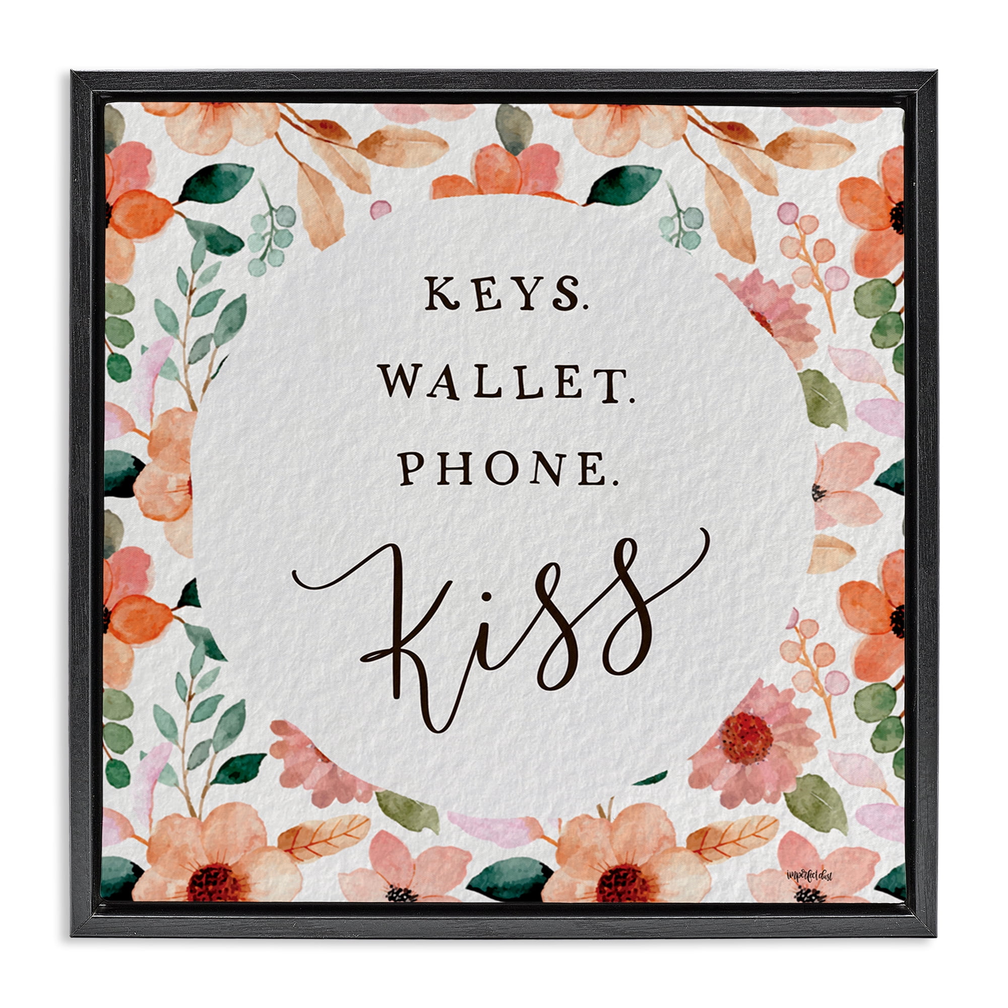 Stupell Industries Keys Wallet Phone Kiss Plants & Flowers Painting Black Floater Framed Canvas Art Print Wall Art, 25 x 25