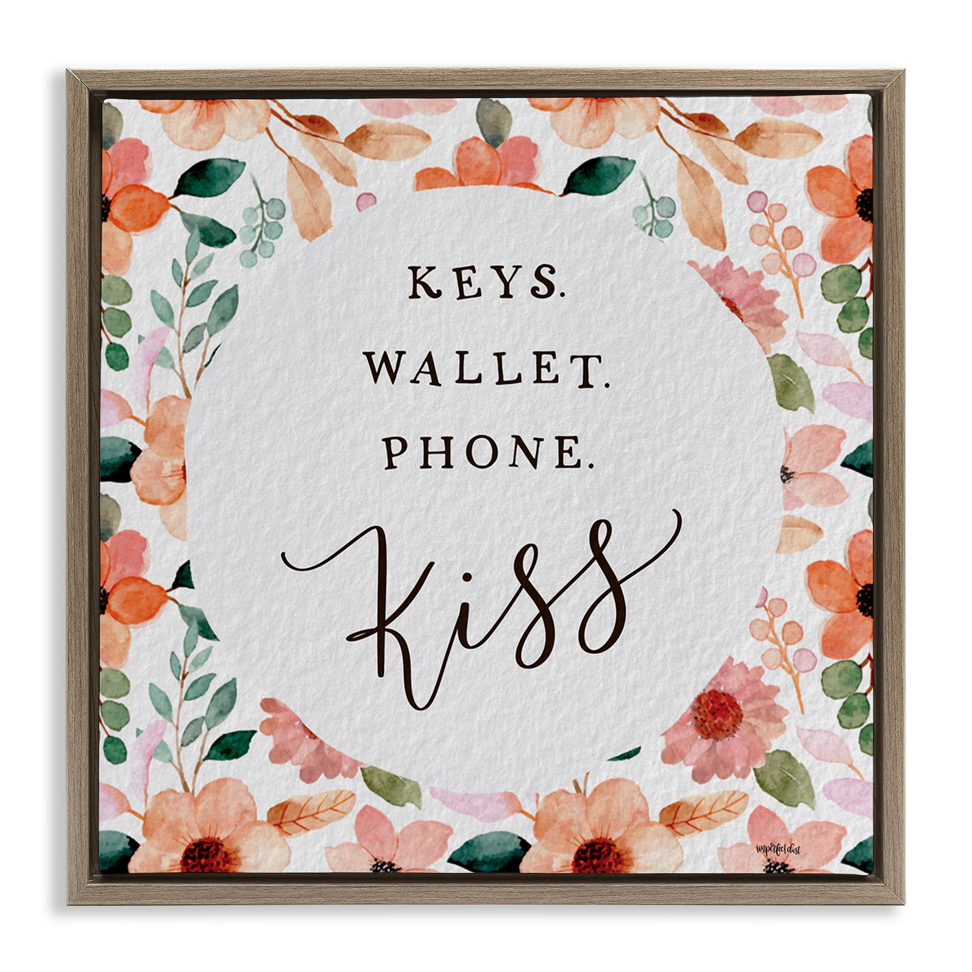 Stupell Industries Keys Wallet Phone Kiss Plants & Flowers Painting Brown Floater Framed Canvas Art Print Wall Art, 25 x 25
