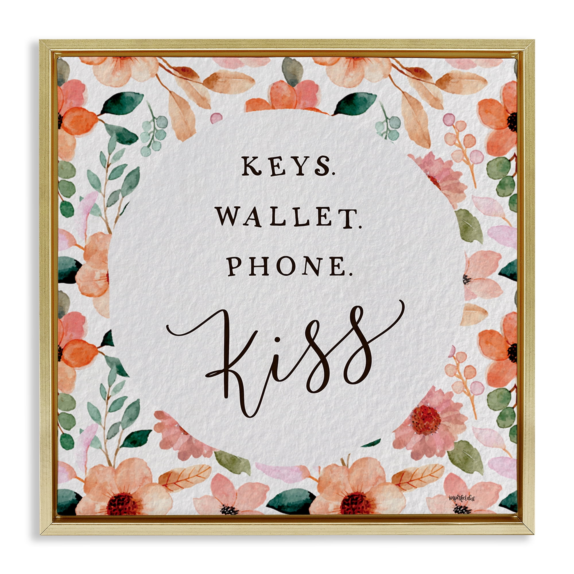 Stupell Industries Keys Wallet Phone Kiss Plants & Flowers Painting Gold Floater Framed Canvas Art Print Wall Art, 18 x 18