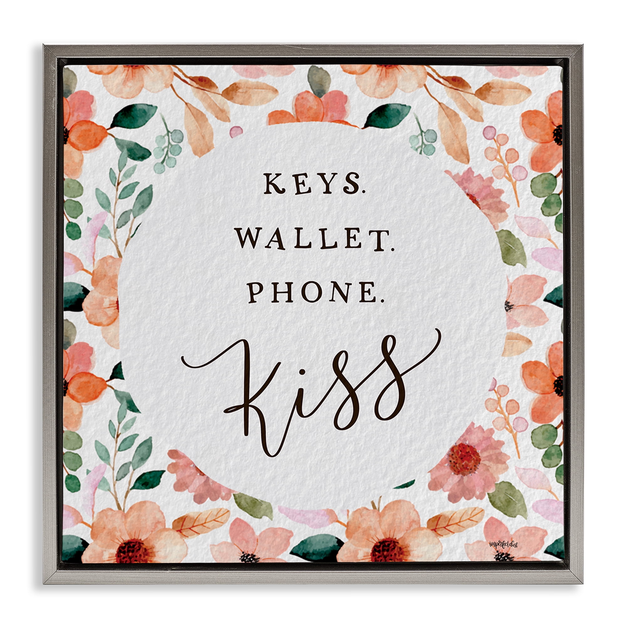 Stupell Industries Keys Wallet Phone Kiss Plants & Flowers Painting Gray Floater Framed Canvas Art Print Wall Art, 18 x 18
