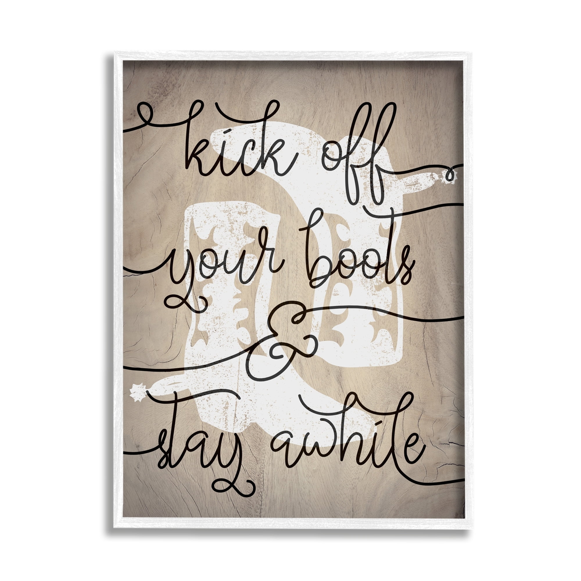 Stupell Industries Kick Off Boots Stay Awhile Quotes Southwestern Cowboy Shoes Graphic Art White Framed Art Print Wall Art, 16x20, by Lil' Rue