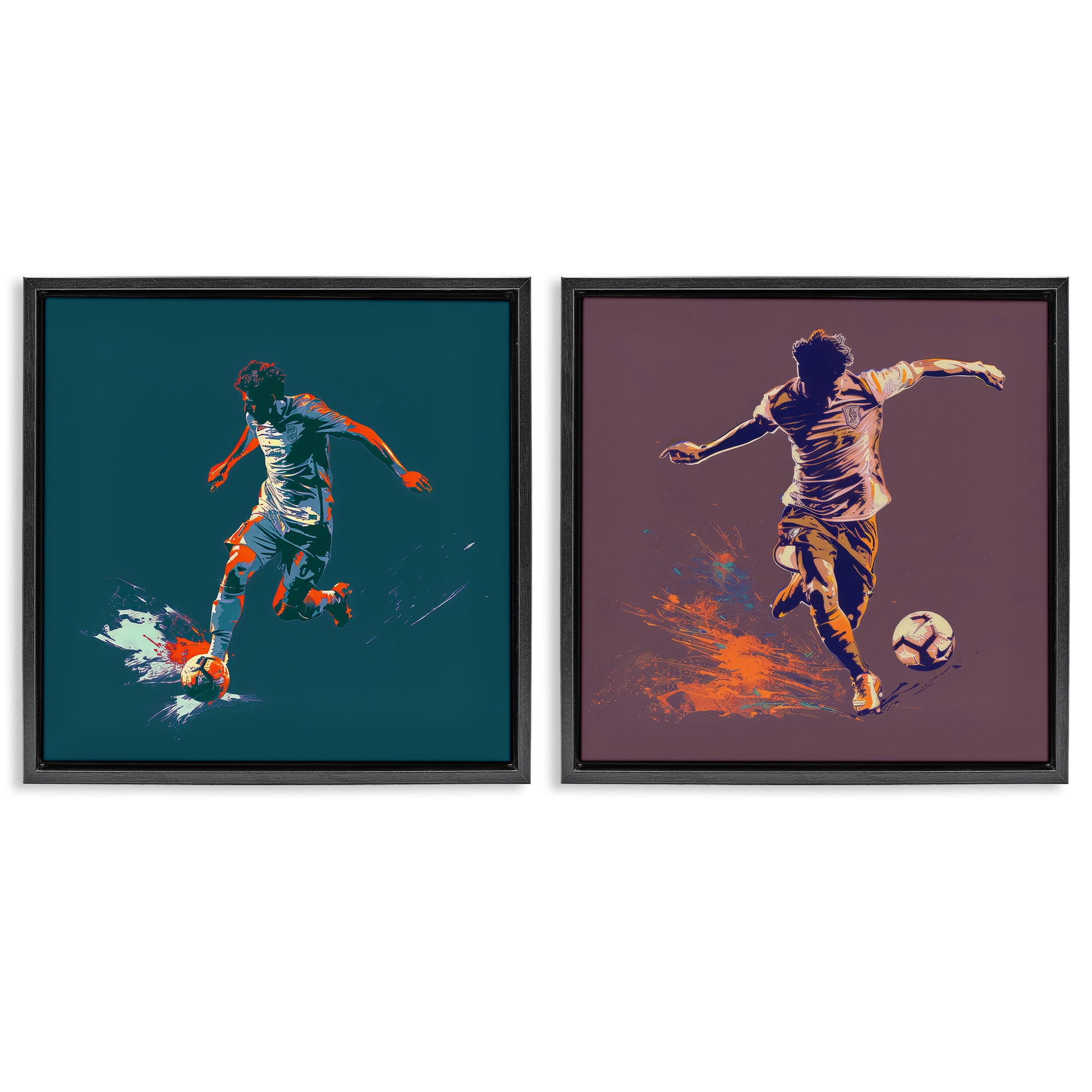 Stupell Industries Kicking Soccer Ball Goal Sports Painting Black Floater Framed Canvas Art Print Wall Art, 25 x 25, Set of 2