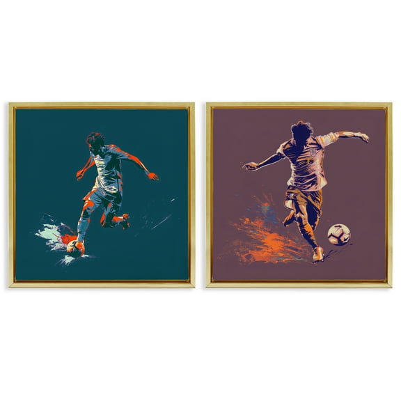 Stupell Industries Kicking Soccer Ball Goal Sports Painting Gold Floater Framed Canvas Art Print Wall Art, 25 x 25, Set of 2