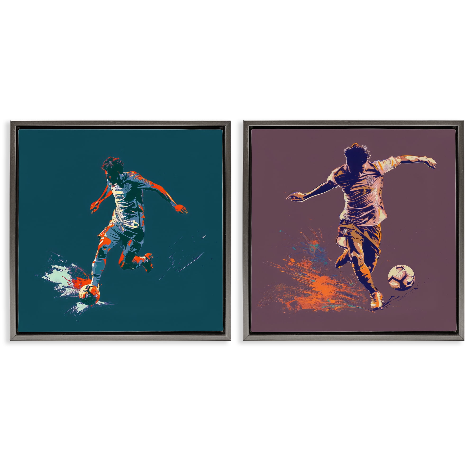 Stupell Industries Kicking Soccer Ball Goal Sports Painting Gray Floater Framed Canvas Art Print Wall Art, 18 x 18, Set of 2