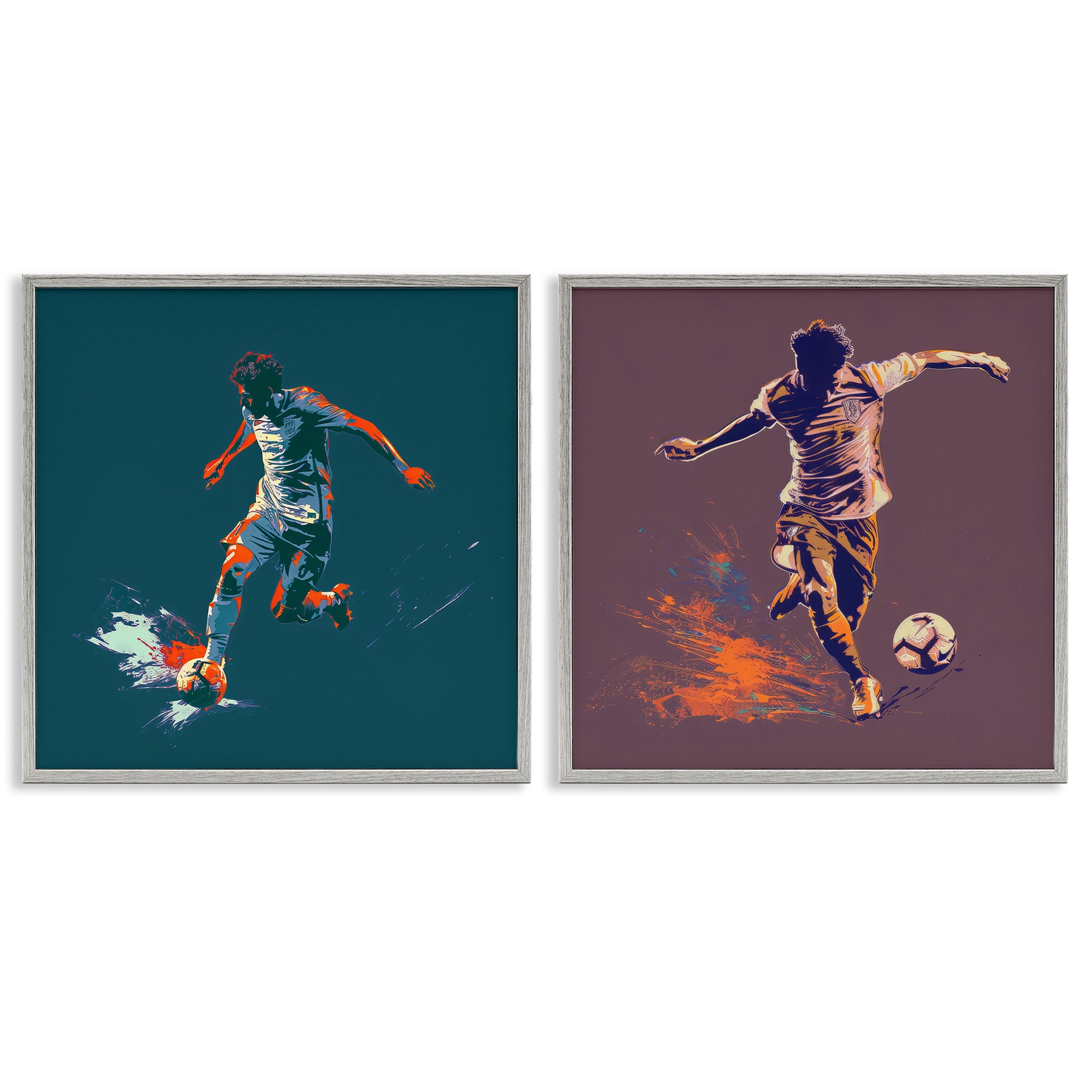 Stupell Industries Kicking Soccer Ball Goal Sports Painting Gray Framed Art Print Wall Art, 17 x 17, Set of 2