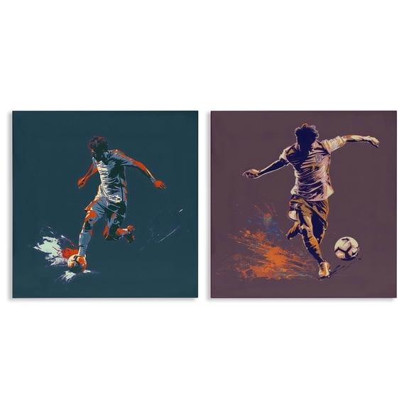 Stupell Industries Kicking Soccer Ball Goal Sports Painting Wrapped Canvas Art Print Wall Art, 17 x 17, Set of 2