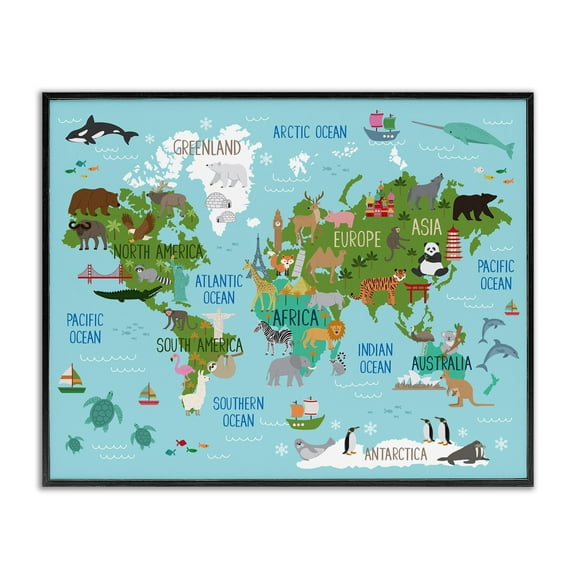 Stupell Industries Kid's Animal World Map Favorite Regional Wildlife, 16 x 20, Designed by Lisa Whitebutton
