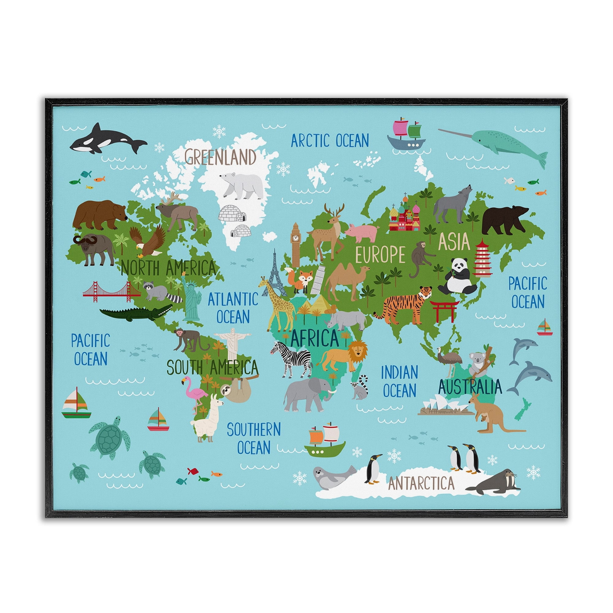Stupell Industries Kid's Animal World Map Favorite Regional Wildlife, 24 x 30, Designed by Lisa Whitebutton