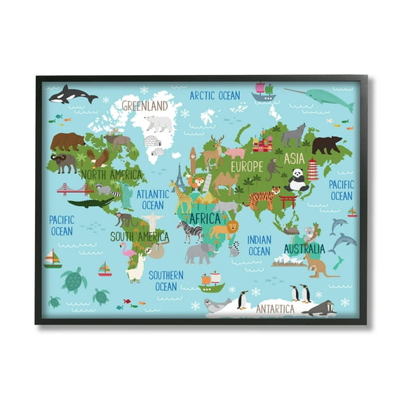 Stupell Industries Kid's Animal World Map Favorite Regional Wildlife Graphic Art Black Framed Art Print Wall Art, 11x14, by Lisa Whitebutton