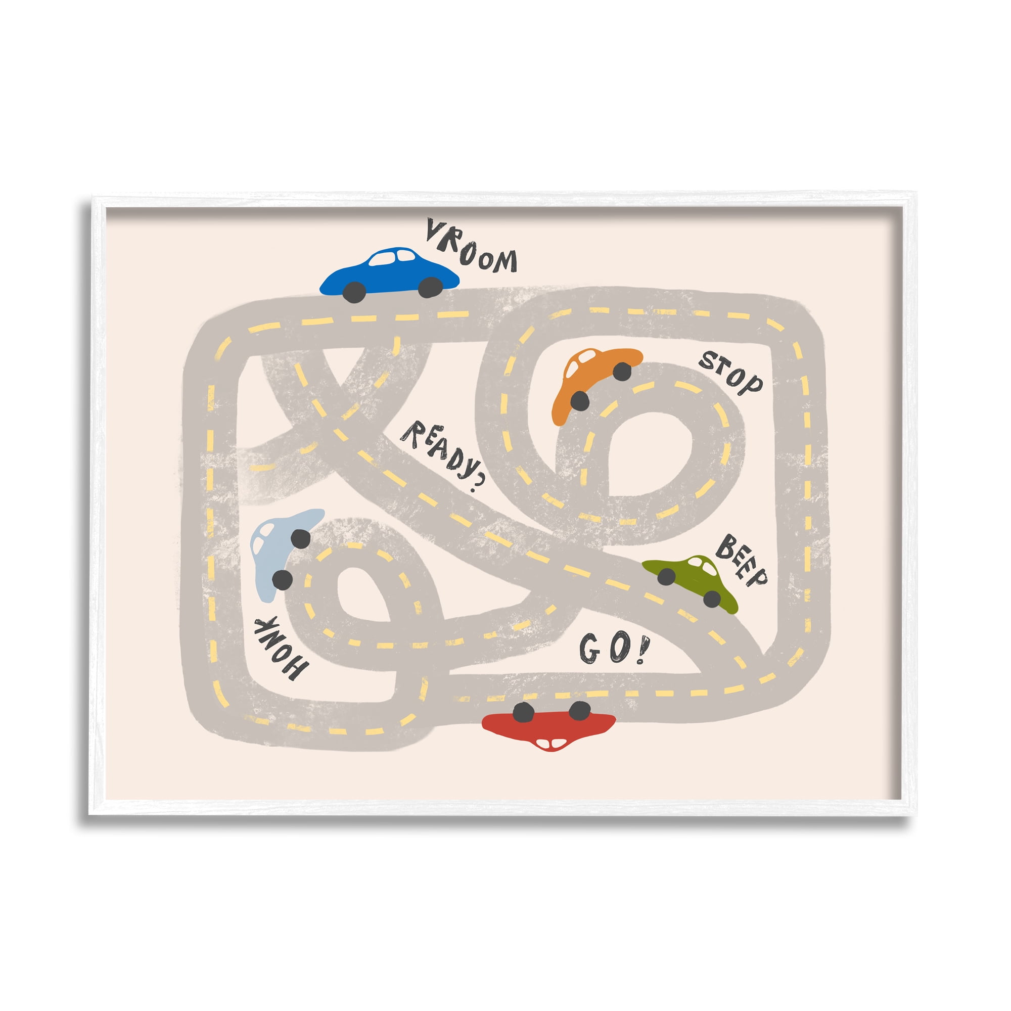 Stupell Industries Kid's Cartoon Car Road Map Fun Playful Streets Modern Painting White Framed Art Print Wall Art, 11 x 14, Design by Daphne Polselli