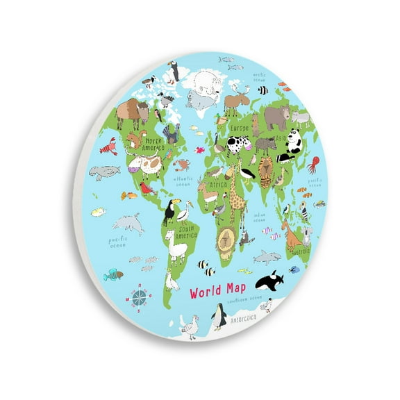 Stupell Industries Kid's Educational World Map Circular Wall Plaque design by Carla Daly, 12 x 12