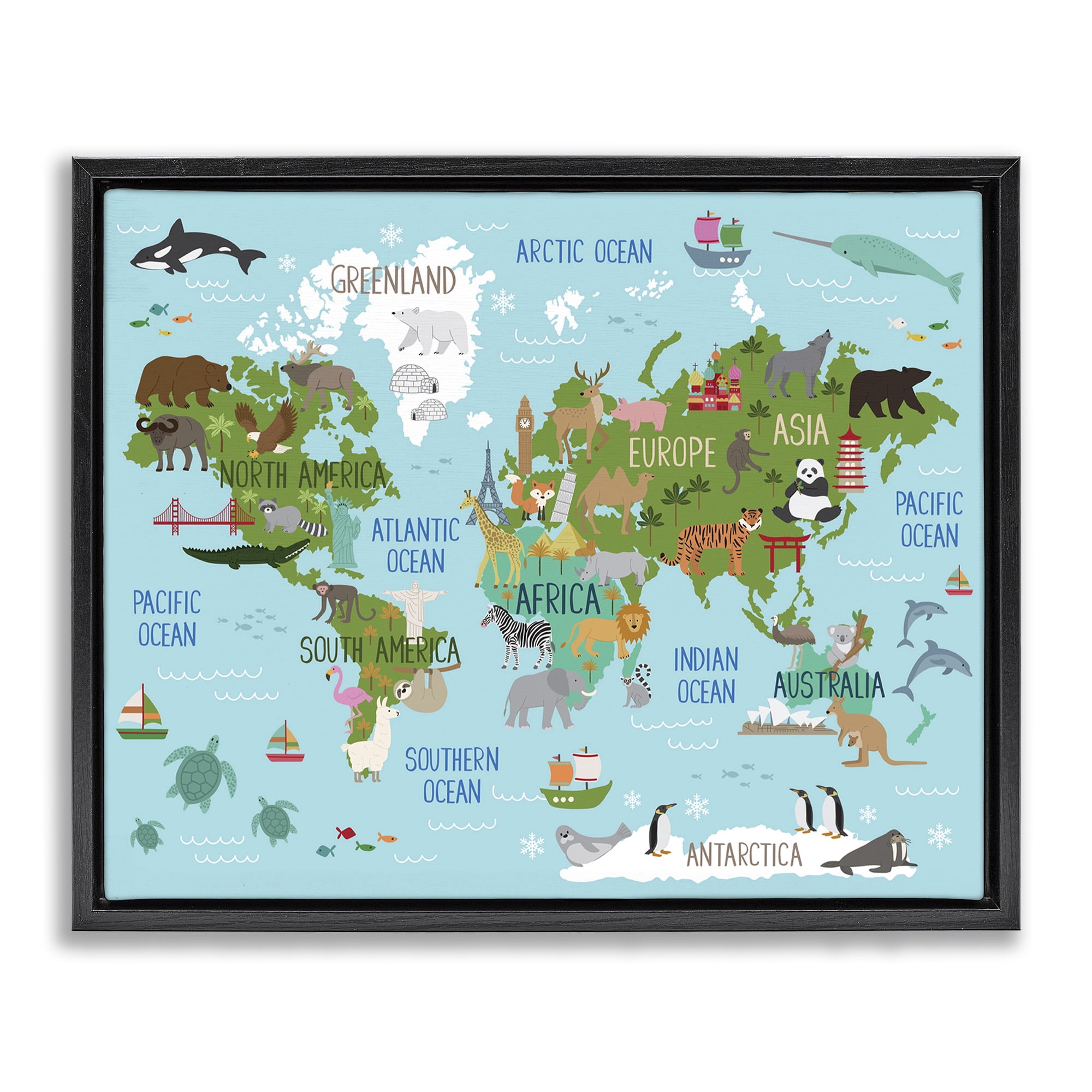 Stupell Industries Kid's Favorite Animals World Map Animals & Insects Painting Black Floater Framed Canvas Art Print Wall Art, 21 x 17