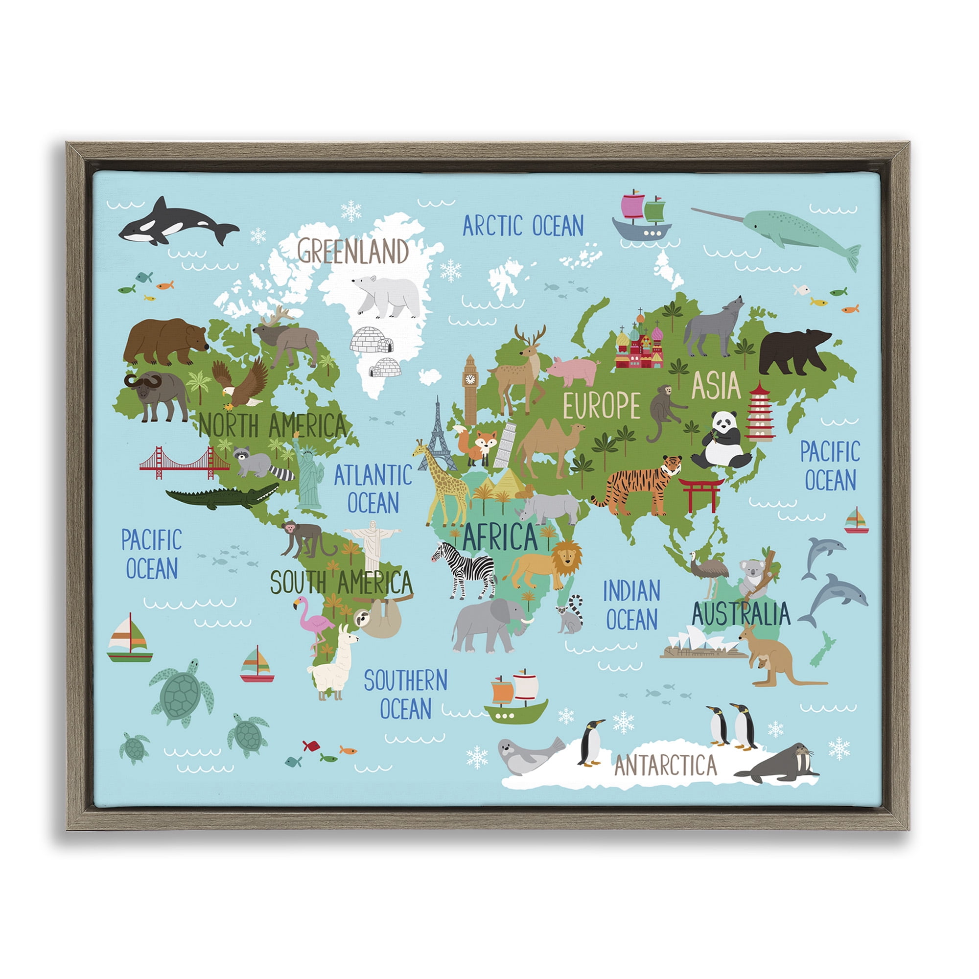Stupell Industries Kid's Favorite Animals World Map Animals & Insects Painting Brown Floater Framed Canvas Art Print Wall Art, 21 x 17
