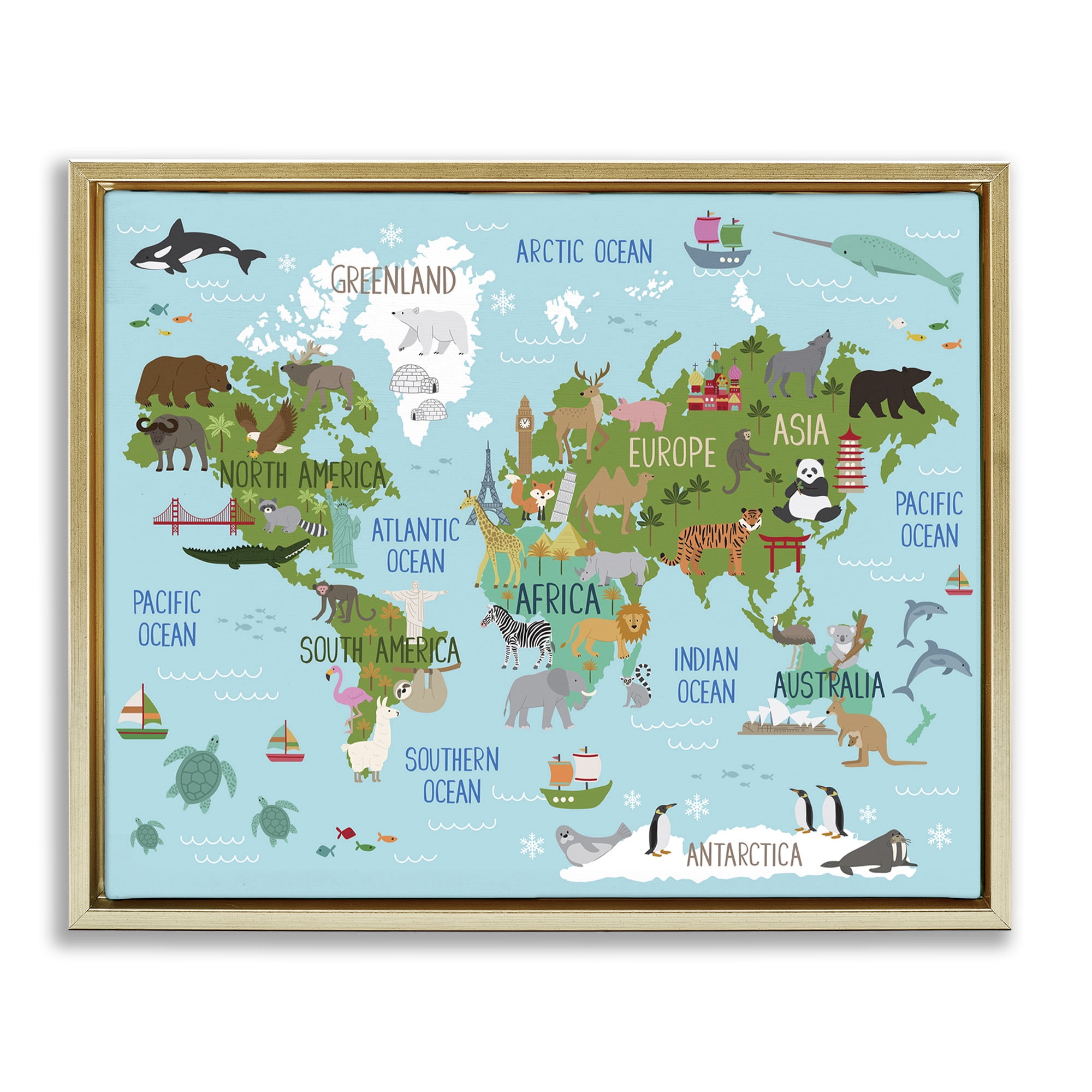 Stupell Industries Kid's Favorite Animals World Map Animals & Insects Painting Gold Floater Framed Canvas Art Print Wall Art, 31 x 25