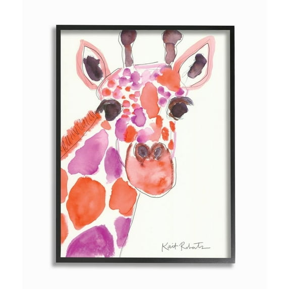 Stupell Industries Kid's Giraffe Zoo Animal Red Purple Watercolor Framed Wall Art Design by Kait Roberts, 11" x 14", Black Framed