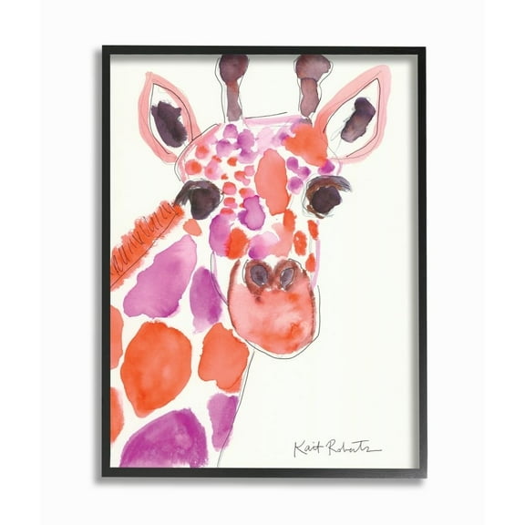 Stupell Industries Kid's Giraffe Zoo Animal Red Purple Watercolor Framed Wall Art Design by Kait Roberts, 11" x 14", Black Framed