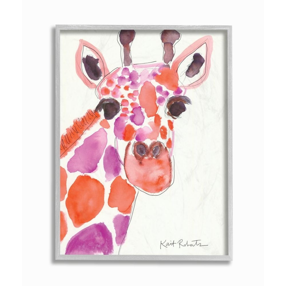 Stupell Industries Kid's Giraffe Zoo Animal Red Purple Watercolor Framed Wall Art Design by Kait Roberts, 16" x 20", Gray Framed