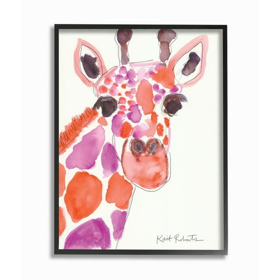 Stupell Industries Kid's Giraffe Zoo Animal Red Purple Watercolor Framed Wall Art Design by Kait Roberts, 24" x 30", Black Framed