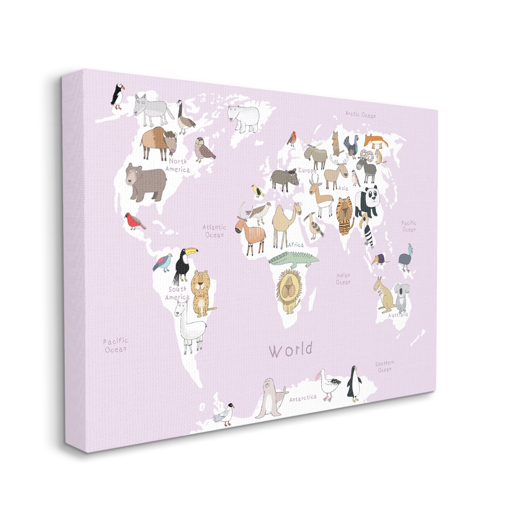 Stupell Industries Kid's Map of the World with Animals Light Pink Novelty Painting Gallery-Wrapped Canvas Print Wall Art, 30 x 40, Design by Carla Daly