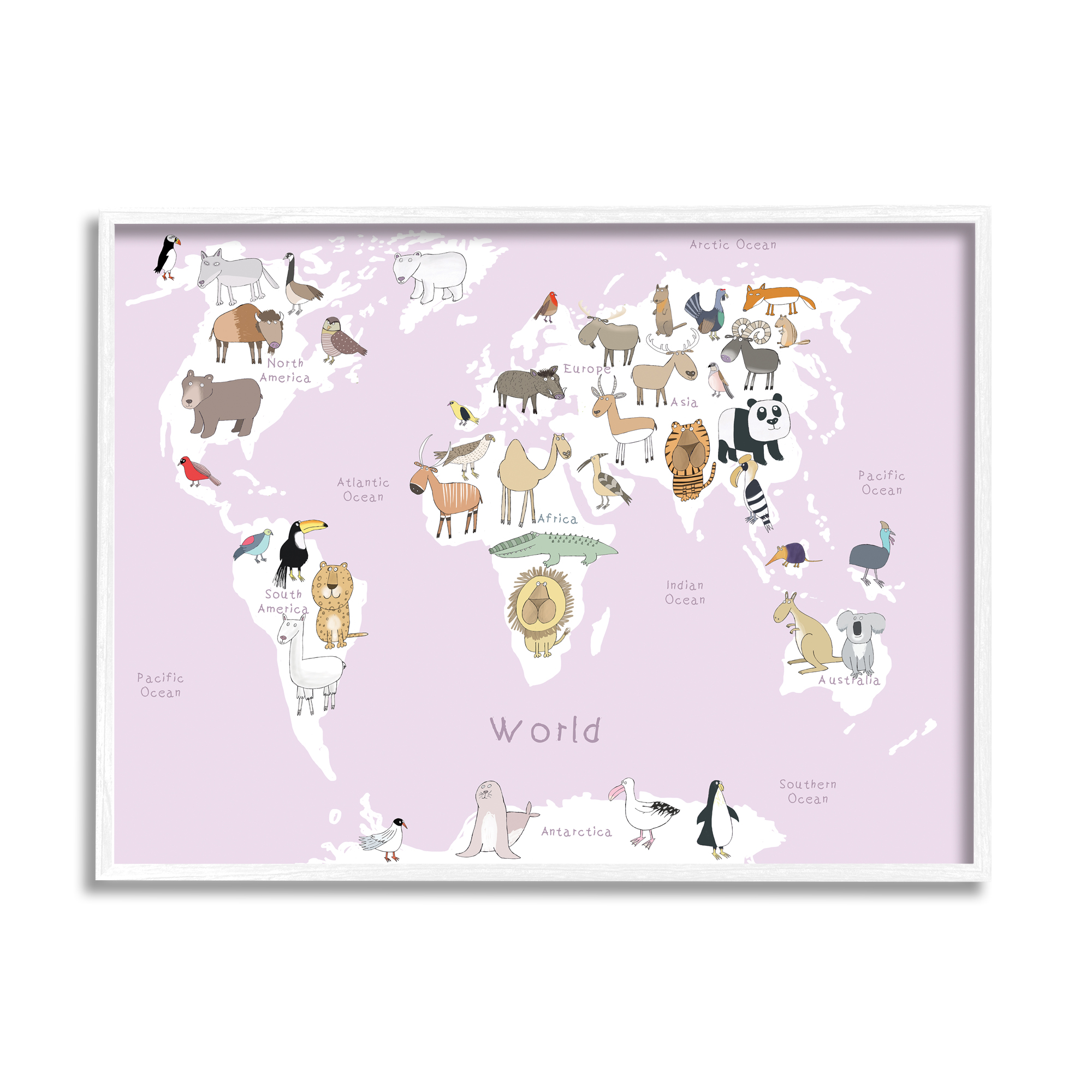 Stupell Industries Kid's Map of the World with Animals Light Pink, 11 x 14, Designed by Carla Daly