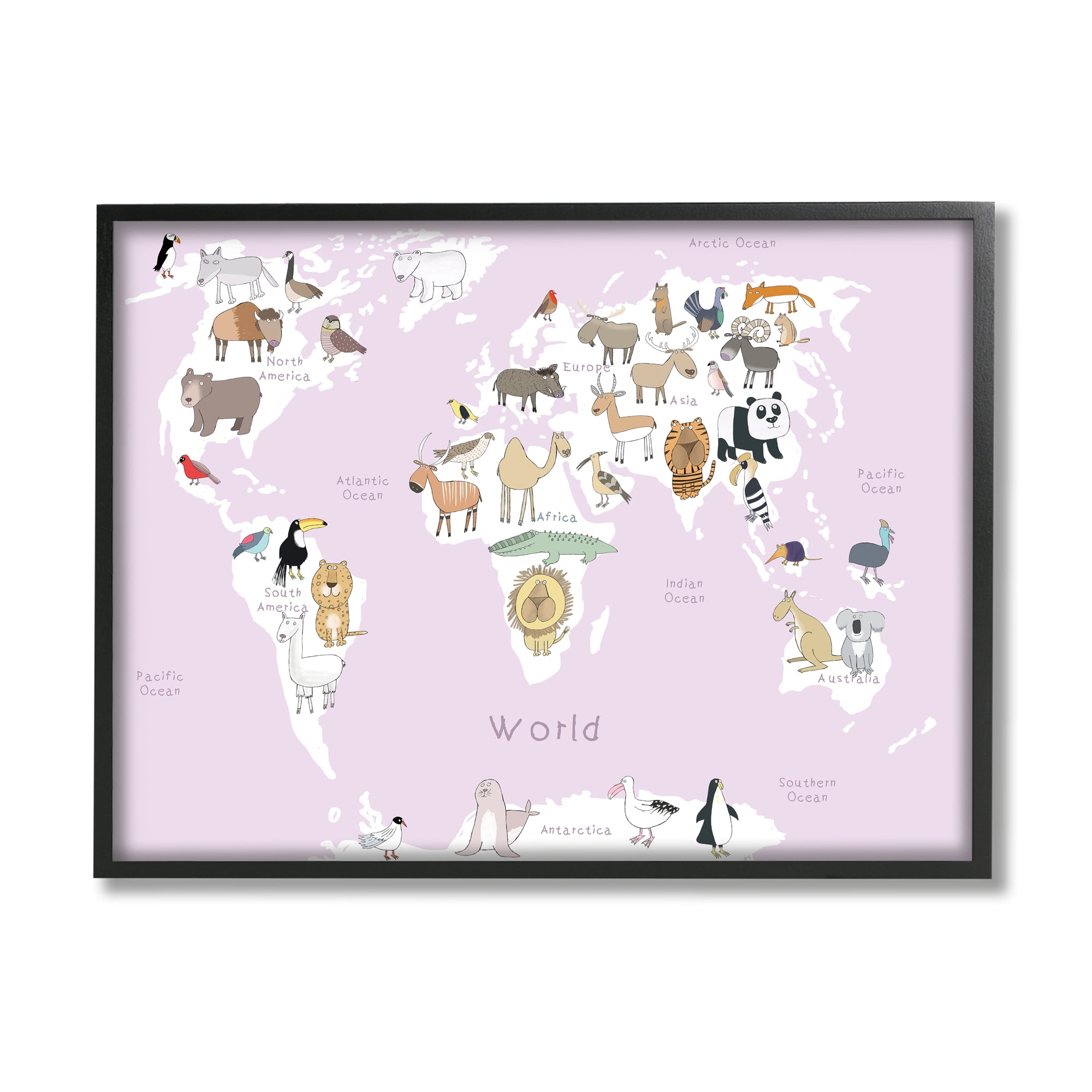 Stupell Industries Kid's Map of the World with Animals Light Pink, 16 x 20, Designed by Carla Daly