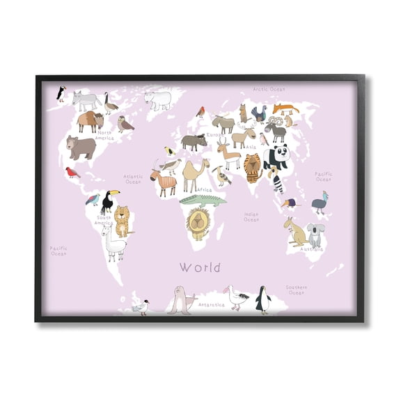 Stupell Industries Kid's Map of the World with Animals Light Pink Graphic Art Black Framed Art Print Wall Art, 11x14, by Carla Daly