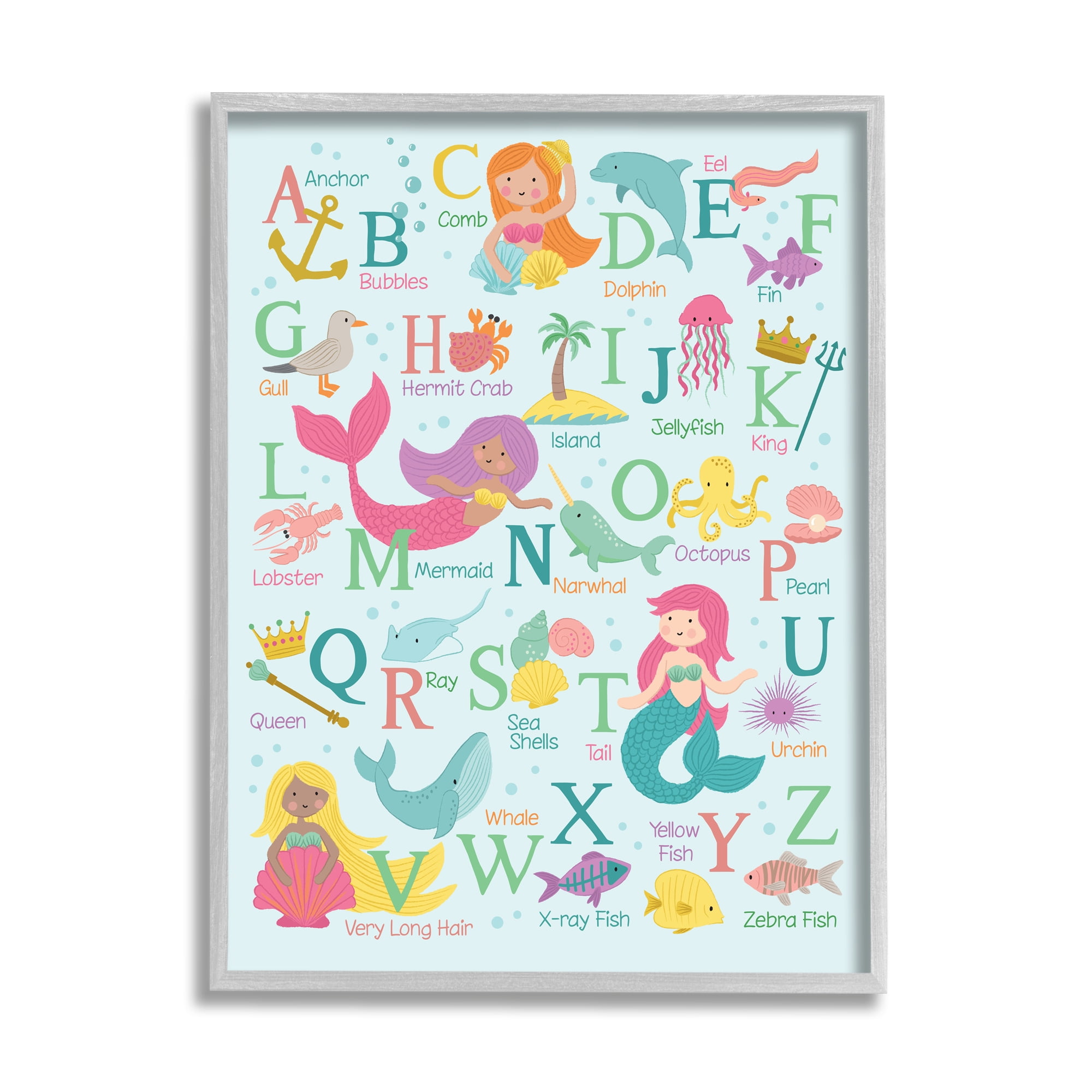 Stupell Industries Kid's Mermaid Alphabet Beach Fantasy ABC Typography Graphic Art Gray Framed Art Print Wall Art, 11x14, by Lisa Whitebutton