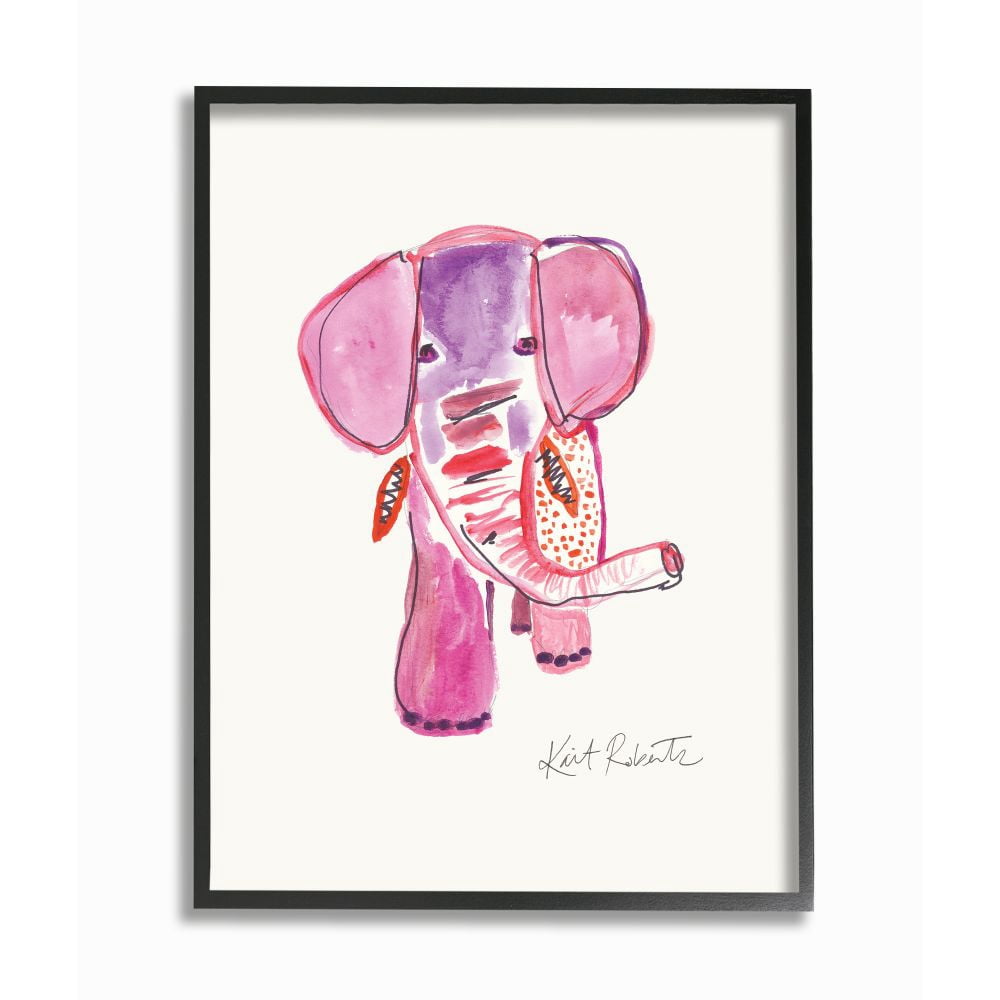 Stupell Industries Kid's Pink and Red Elephant Watercolor Zoo Animal Framed Wall Art Design by Kait Roberts, 11" x 14", Black Framed