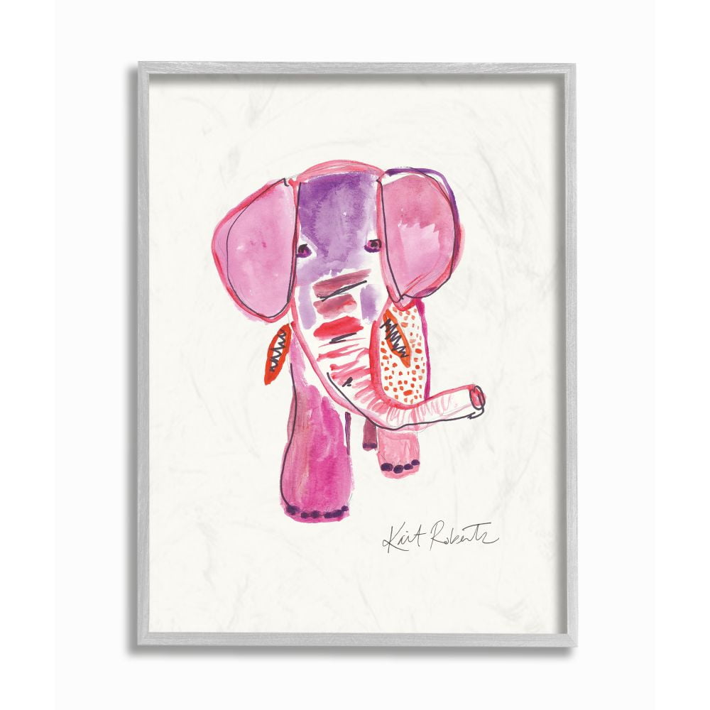 Stupell Industries Kid's Pink and Red Elephant Watercolor Zoo Animal Framed Wall Art Design by Kait Roberts, 16" x 20", Gray Framed